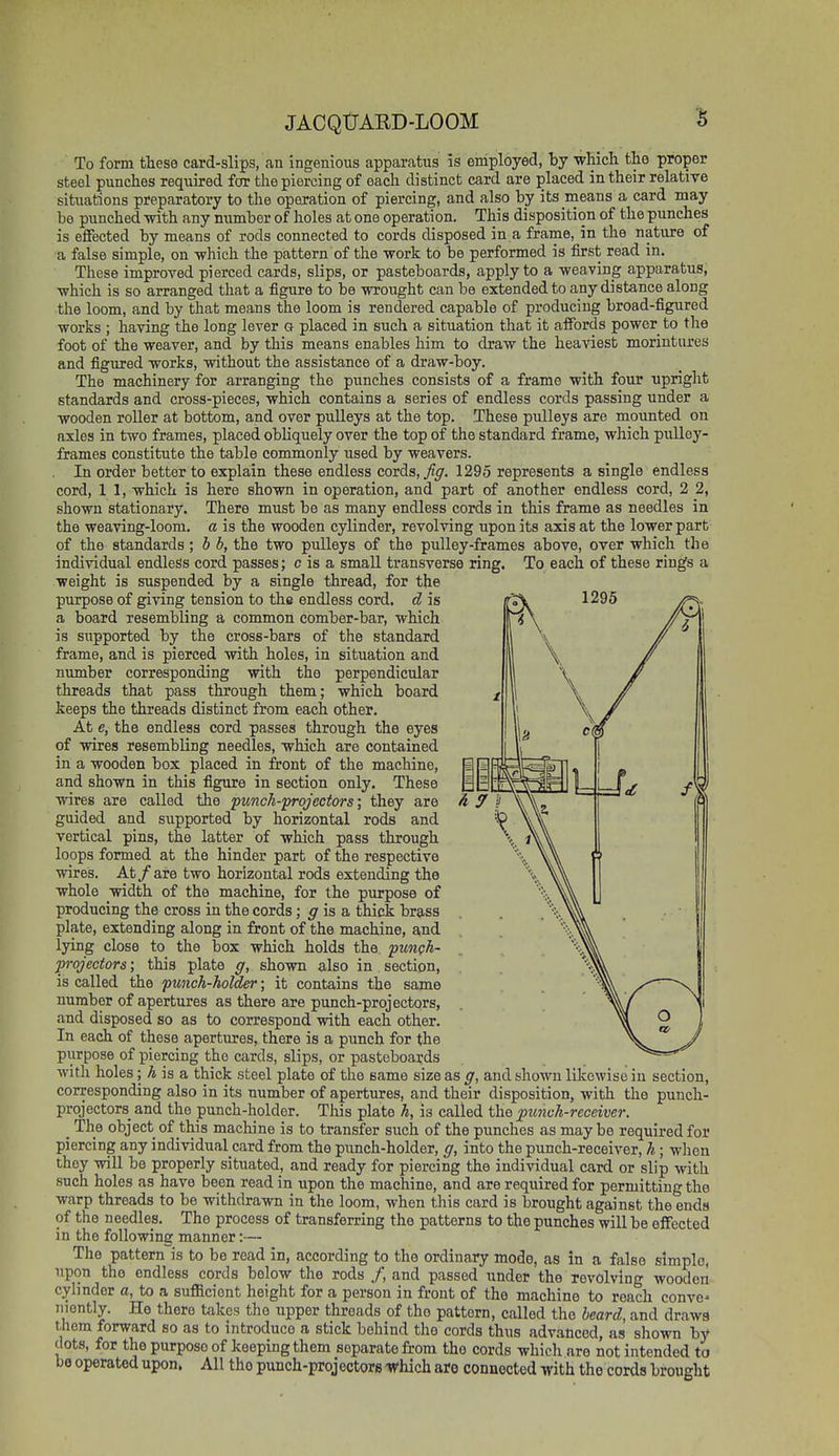 1 1295 To form these card-slips, an ingenious apparatus is employed, by whicli the proper steel punches required for the piercing of each distinct card are placed in their relative situations preparatory to the operation of piercing, and also by its means a card may be punched \nth any number of holes at one operation. This disposition of the punches is eflected by means of rods connected to cords disposed in.a frame, in the nature of a false simple, on -which the pattern of the -work to be performed is first read in. These improved pierced cards, slips, or pasteboards, apply to a -weaving apparatus, ■which is so arranged that a figure to be -wrought can be extended to any distance along the loom, and by that means the loom is rendered capable of producing broad-figured ■works ; having the long lever a placed in such a situation that it affords po'wer to the foot of the weaver, and by this means enables him to dra^w the hea-viest morintures and figured -works, -without the assistance of a draw-boy. The machinery for arranging the punches consists of a frame with four upriglit standards and cross-pieces, which contains a series of endless cords passing under a wooden roller at bottom, and over pulleys at the top. These pulleys are mounted on axles in two frames, placed obliquely over the top of the standard frame, which pulley- frames constitute the table commonly used by weavers. In order better to explain these endless covds, fig. 1295 represents a single endless cord, 1 1, which is here shown in operation, and part of another endless cord, 2 2, shown stationary. There must be as many endless cords in this frame as needles in the weaving-loom, a is the wooden cylinder, revoMng upon its axis at the lower part of the standards; b b, the two pulleys of the pulley-frames above, over which the individual endless cord passes; c is a small transverse ring. To each of these rings a weight is suspended by a single thread, for the purpose of giving tension to the endless cord, d is a board resembling a common comber-bar, which is supported by the cross-bars of the standard frame, and is pierced -with holes, in situation and number corresponding with the perpendicular threads that pass through them; which board keeps the threads distinct from each other. At e, the endless cord passes through the eyes of -wires resembling needles, which are contained in a wooden box placed in front of the machine, and shown in this figure in section only. These wires are called the punch-projectors] they are guided and supported by horizontal rods and vertical pins, the latter of which pass through loops formed at the hinder part of the respective wires. At/are two horizontal rods extending the whole width of the machine, for the purpose of producing the cross in the cords; g is a thick brass plate, extending along in front of the machine, and lying close to the box which holds the punch- projectors ; this plate g, sho-wn also in section, is called the punch-holder; it contains the same number of apertures as there are punch-projectors, and disposed so as to correspond -with each other. In each of these apertures, there is a punch for the purpose of piercing the cards, slips, or pasteboards with holes; A is a thick steel plate of the same size as g, and shown likewise in section, corresponding also in its number of apertures, and their disposition, with the punch- projectors_ and the punch-holder. This plate h, is called the punch-receiver. _ The object of this machine is to transfer such of the punches as may be required for piercing any indi-ndual card from the punch-holder, g, into the punch-receiver, h; wlien they -will be properly situated, and ready for piercing the individual card or slip with such holes as have been read in upon the machine, and are required for permitting the warp threads to be withdrawn in the loom, when this card is brought against the en<3s of the needles. The process of transferring the patterns to the punches will be effected in the following manner:— The pattern is to be read in, according to the ordinary mode, as in a false simple, upon the endless cords below the rods /, and passed under the revolving wooden cylinder a, to a sufiiciont height for a person in front of the machine to roach conve- niently. He there takes the upper threads of the pattern, called the beard, and draws them forward so as to introduce a stick behind the cords thus adv.aticed, as shown by dots, for the purpose of keeping them separate from the cords which are not intended to be operated upon. All the punch-projectors -which are connected -svith the cords brought