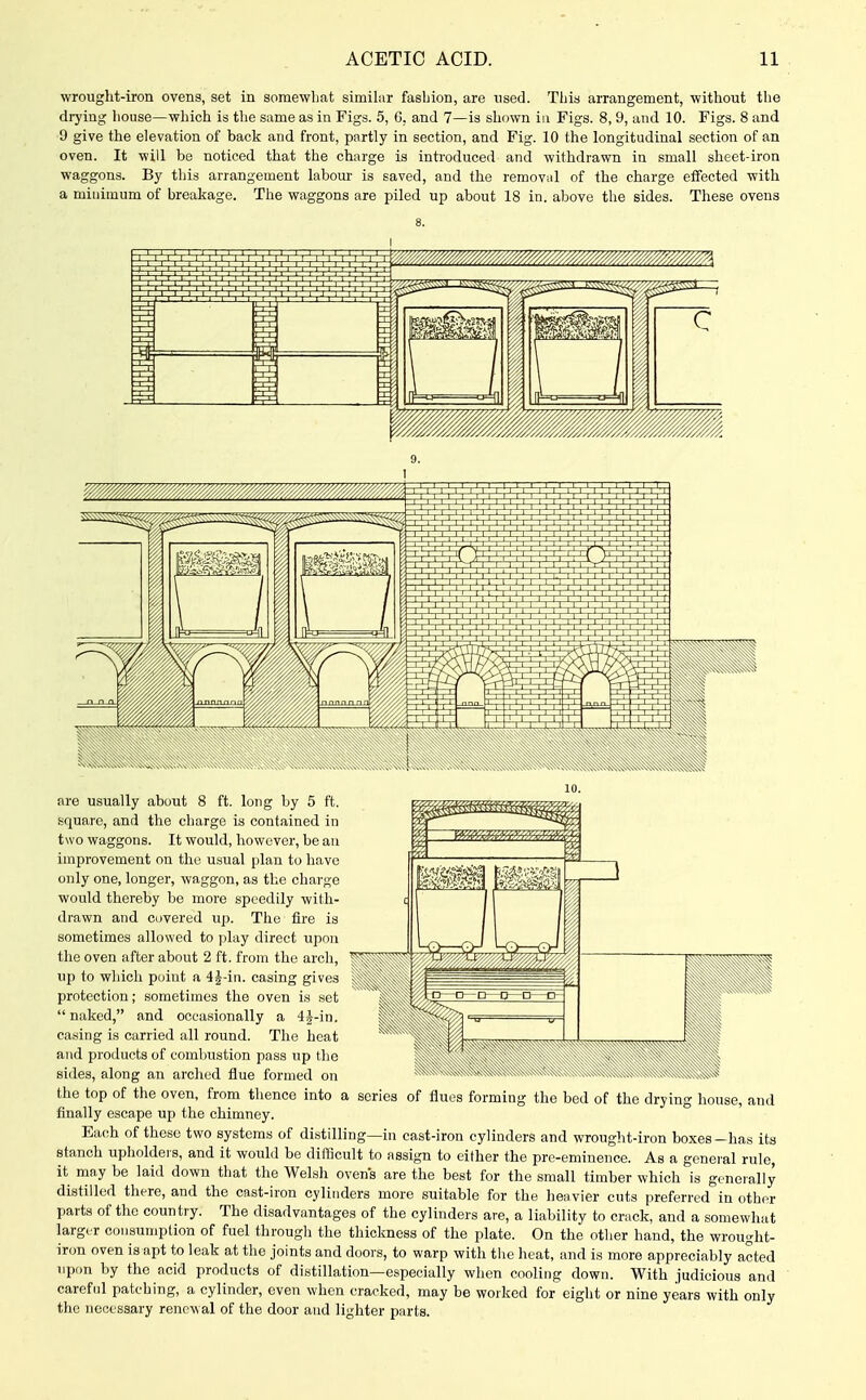 wrought-iron ovens, set in somewhat similur fashion, are used. This arrangement, without the drying house—which is the same as in Figs. 5, G. and 7—is shown in Figs. 8, 9, and 10. Figs. 8 and 9 give the elevation of back and front, partly in section, and Fig. 10 the longitudinal section of an oven. It will be noticed that the charge is introduced and withdrawn in small sheet-iron waggons. By this arrangement labour is saved, and the removal of the charge effected with a minimum of breakage. The waggons are piled up about 18 in. above the sides. These ovens are usually about 8 ft. long by 5 ft. square, and the charge is contained in two waggons. It would, however, be an improvement on the usual plan to have only one, longer, waggon, as the charge would thereby be more speedily with- drawn and Covered up. The fire is sometimes allowed to play direct upon the oven after about 2 ft. from the arcli, up to which point a 4J-in. casing gives protection; sometimes the oven is set naked, and occasionally a 4J-in. cashing is carried all round. The heat and products of combustion pass up the sides, along an arched flue formed on the top of the oven, from thence into a series of flues forming the bed of the drying house, and finally escape up the chimney. Each of these two systems of distilling—in cast-iron cylinders and wrought-iron boxes -has its stanch upholders, and it would be difficult to assign to either the pre-eminence. As a general rule, it may be laid down that the Welsh ovens are the best for the small timber which is generally distilled there, and the cast-iron cylinders more suitable for the hoiivier cuts preferred in other parts of the country. The disadvantages of the cylinders are, a liability to cruck, and a somewhat larger consumption of fuel through the thickness of the plate. On the other hand, the wrought- iron oven is apt to leak at the joints and doors, to warp with the heat, and is more appreciably acted upon by the acid products of distillation—especially when cooling down. With iudicious and careful patching, a cylinder, even when cracked, may be worked for eight or nine years with only the necessary renewal of the door and lighter parts.