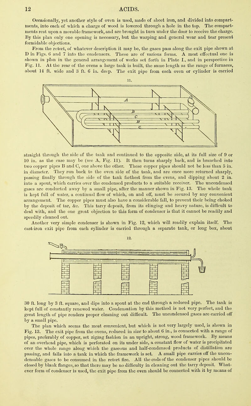 Occasionally, yet another style of oven is used, made of sheet iron, and divided into compart- ments, into each of which a charge of wood is lowered through a hole in the top. The compart- ments rest upon a movable framework, and are brought ia turn under the door to receive the charge. By this plan only one opening is necessary, but the warping and general wear and tear present formidable objections. From the retort, of whatever description it may be, the gases pass along the exit pipe shown at D in Figs. 6 and 7 into the condensers. These are of various forms. A most eifcctual one is shown in plan in the general arrangement of works set forth iu Plate I., and in perspective in Fig. 11. At the rear of the ovens a large tank is built, the same length as the range of furnaces, about 14 ft. wide and 3 ft. 6 in. deep. The exit pipe from each oven or cylinder is carried 11. straight through the side of the tank and continued to the opposite side, at its full size of 9 or 10 in. as the case may be (see A, Fig. 11). It then turns sharply back, and is branched into two copper pipes B and C, one above the other. These copper pipes should not be less than 5 in. in diameter. They run back to the oven side of the tank, and are once more returned sharply, passing finally through the side of the tank farthest from the ovens, and dipping about 2 in. into a spout, wliich carries over the condensed products to a suitable receiver. The uncondensed gases are conducted away by a small pipe, after the manner shown in Fig. 13. The whole tank is kept full of water, a continual flow of which, on and off, must be secured by any convenient arrangement. The copper pipes must also have a considerable fall, to prevent their being choked by the deposit of tar, &c. This tarry deposit, from its clinging and heavy nature, is difficult to deal with, and the one great objection to this form of condenser is that it cannot be readily and speedily cleaned out. Another very simple condenser is shown in Fig. 12, which will readily explain itself. The cast-iron exit pipe from each cylinder is carried through a separate tank, or long box, about 12. 30 ft. long by 3 ft. square, and dips into a spout at the end through a reduced pipe. The tank is kept full of constantly renewed water. Condensation by this method is not very perfect, and the great length of pipe renders proper cleaning out difScult. The uncondensed gases are carried off by a small pipe. The plan which seems the most convenient, but which is not very largely used, is shown in Fig. 13. The exit pipe from the ovens, reduced in size to about 6 in., is connected with a range of pipes, preferably of copper, set zigzag fashion in an upright, strong, wood framework. By means of an overhead pipe, which is perforated on its under side, a constant flow of water is precipitated over the whole range along which the gaseous and half-condensed products of distillation are passing, and falls into a tank in which the framework is set. A small pipe carries off the uncon- densable gases to be consumed in the retort fire. All the ends of the condenser pipes should be closed by blank flanges, so that there may be no difficulty in cleaning out the tarry deposit. What- ever form of condenser is used, the exit pipe from the oven should be connected with it by means of
