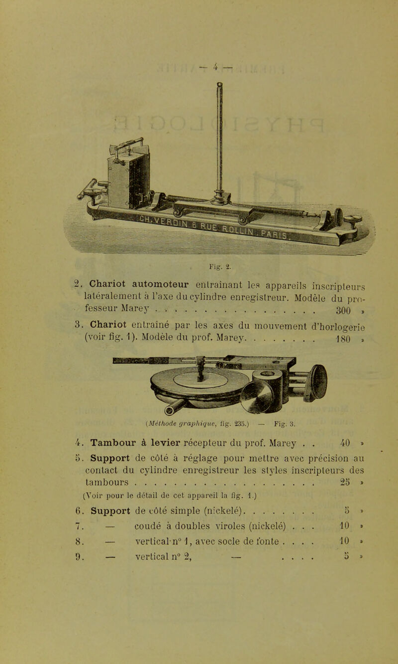 Fig. 2. 2. Chariot automoteur entraînant les appareils inscripteurs latéralement à l'axe du cylindre enregistreur. Modèle du pro- fesseur Marej' 300 , 3. Chariot entraîné par les axes du mouvement d'horlogerie (voir fig. 1). Modèle du prof. Marey 180 » (Méthode gra2ohiquc, fig. 235.) — Fig. 3. 4. Tambour à levier récepteur du prof. Marey . . 40 « 5. Support de côté à réglage pour mettre avec précision au contact du cylindre enregistreur les styles inscripteurs des tambours 25 » (Voir pour le détail de cet appareil la fig. 1.) 6. Support de côté simple (nickelé) 5 » 7. — coudé à doubles viroles (nickelé) ... 10 » 8. — vertical-n° 1, avec socle de fonte . ... 40 » 9. — vertical n° 2, — .... 5 »