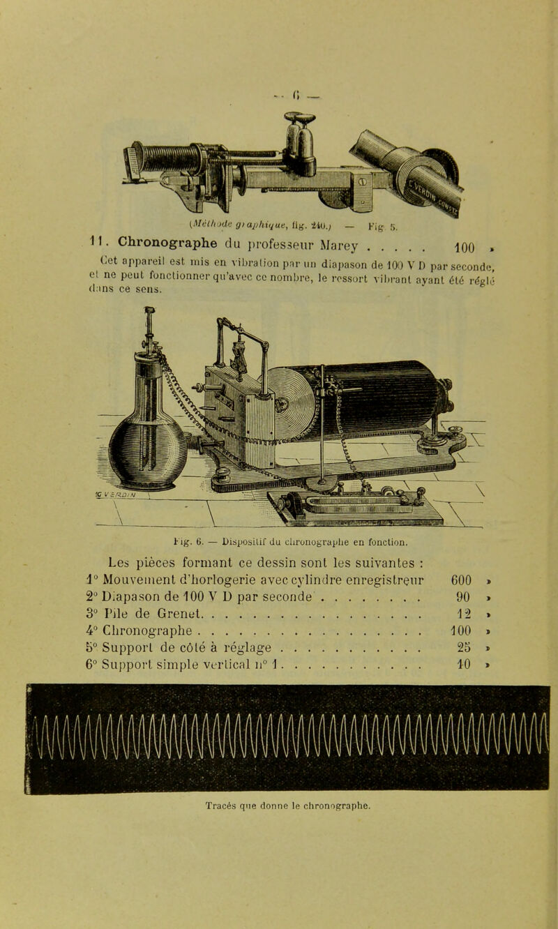 (Méthode g) apkique, Hig. Ho.) — Fig5. 11. Chronographe du professeur Marey 400 . Cet appareil est mis en vibration par un diapason de 100 V D par seconde, et ne peut fonctionner qu'avec ce nombre, le ressort vibrant ayant été rée\é d.ins ce sons. t ig. 6. — Disposilif du chronograplie en fonction. Les pièces formant ce dessin sont les suivantes : 4° Mouvement d'horlogerie avec cylindre enregistreur 600 2 Diapason de 100 V D par seconde 90 3° Pile de Grenet 12 4° Chronographe 100 5° Support de côté à réglage 25 6° Support simple vertical ii° 1 40 Tracés que donne le chronographe.