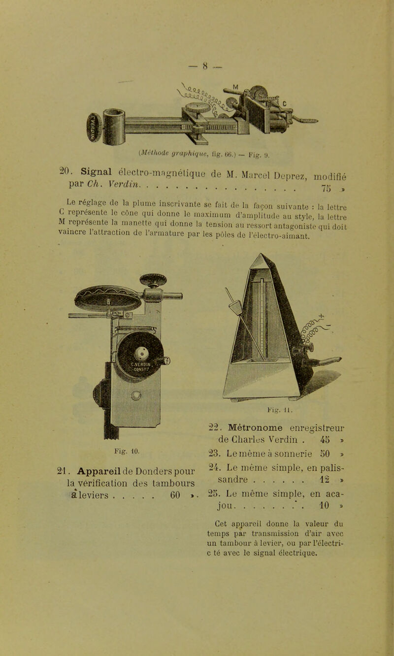 20. Signal éleclro-magnélique de M. Murcel Doprez, modifié par Ch. Verdin 75 Le réglage de la plume inscrivante se fait de la façon suivante : la lettre C représente le cône qui donne le maximum d'amplitude au style, la lettre M représente la manette qui donne la tension au ressort antagoniste qui doit vaincre l'attraction de l'armature par les pôles de l'électro-aimant Fig. 10. 21. Appareil de Donders pour la vérification des tambours a leviers 60 » • Fig. n. 22. Métronome enregistreur de Charles Verdin , 45 » 23. Le même à sonnerie 50 > 24. Le même simple, en palis- sandre 12 » 25. Le même simple, en aca- jou ' . 10 > Cet appareil donne la valeur du temps par transmission d'air avec un tambour à levier, ou par l'électri- c té avec le signal électrique.