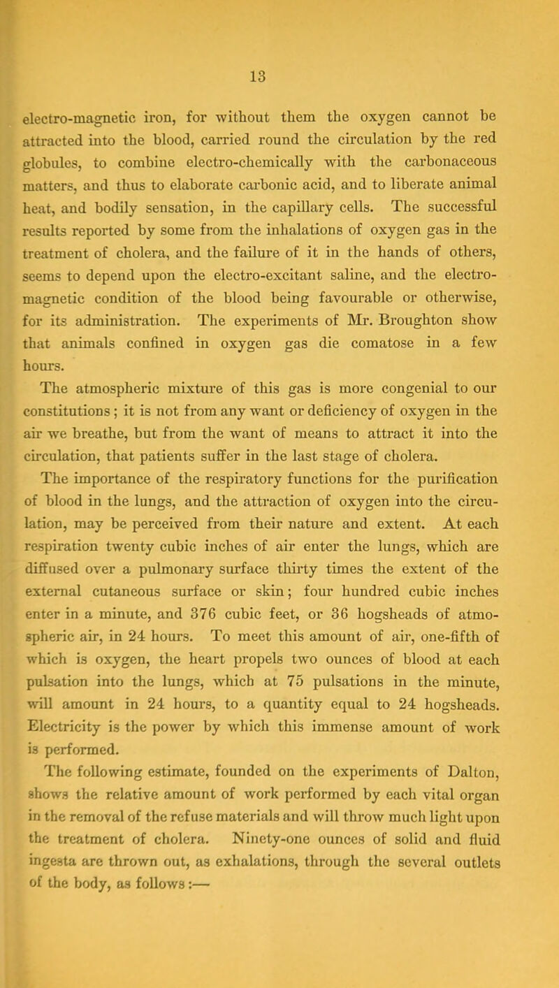 electro-magnetic iron, for without them the oxygen cannot be attracted into the blood, carried round the circulation by the red globules, to combine electro-chemically with the carbonaceous matters, and thus to elaborate carbonic acid, and to liberate animal heat, and bodily sensation, in the capillary cells. The successful results reported by some from the inhalations of oxygen gas in the treatment of cholera, and the failure of it in the hands of others, seems to depend upon the electro-excitant saline, and the electro- magnetic condition of the blood being favourable or otherwise, for its administration. The experiments of Mr. Broughton show that animals confined in oxygen gas die comatose in a few hours. The atmospheric mixture of this gas is more congenial to our constitutions ; it is not from any want or deficiency of oxygen in the air we breathe, but from the want of means to attract it into the circulation, that patients suffer in the last stage of cholera. The importance of the respiratory functions for the purification of blood in the lungs, and the attraction of oxygen into the circu- lation, may be perceived from their nature and extent. At each respiration twenty cubic inches of air enter the lungs, which are diffused over a pulmonary surface thirty times the extent of the external cutaneous surface or skin; four hundred cubic inches enter in a minute, and 376 cubic feet, or 36 hogsheads of atmo- spheric air, in 24 hours. To meet this amount of air, one-fifth of which is oxygen, the heart propels two ounces of blood at each pulsation into the lungs, which at 75 pulsations in the minute, will amount in 24 hours, to a quantity equal to 24 hogsheads. Electricity is the power by which this immense amount of work is performed. Tlie following estimate, founded on the experiments of Dalton, shows the relative amount of work performed by each vital organ in the removal of the refuse materials and will throw much light upon the treatment of cholera. Ninety-one ounces of solid and fluid ingesta are thrown out, as exhalations, through the several outleta of the body, as follows:—