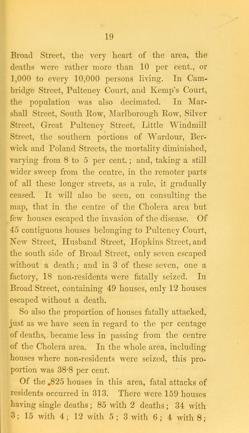 Broad Street, the very heart of the area, the deaths were rather more than 10 per cent., or 1,000 to every 10,000 persons living. In Cam- bridge Street, Pnlteney Court, and Kemp’s Court, the population was also decimated. In Mar- shall Street, South Row, Marlborough Row, Silver Street, Great Pulteney Street, Little Windmill Street, the southern portions of Wardour, Ber- wick and Poland Streets, the mortality diminished, varying from 8 to 5 per cent.; and, taking a still wider sweep from the centre, in the remoter parts of all these longer streets, as a rule, it gradually ceased. It will also be seen, on consulting the map, that in the centre of the Cholera area but few houses escaped the invasion of the disease. Of 45 contiguous houses belonging to Pulteney Court, New Street, Husband Street, Hopkins Street, and the south side of Broad Street, only seven escaped without a death; and in 3 of these seven, one a factory, 18 non-residents were fatally seized. In Broad Street, containing 49 houses, only 12 houses escaped without a death. So also the proportion of houses fatally attacked, just as we have seen in regard to the per centage of deaths,. became less in passing from the centre of the Cholera area. In the whole area, including houses where non-residents were seized, this pro- portion was 38-8 per cent. Of the ,825 houses in this area, fatal attacks of residents occurred in 313. There were 159 houses having single deaths; 85 with 2 deaths; 34 with 3; 15 with 4; 12 with 5; 3 with 6; 4 Avith 8;