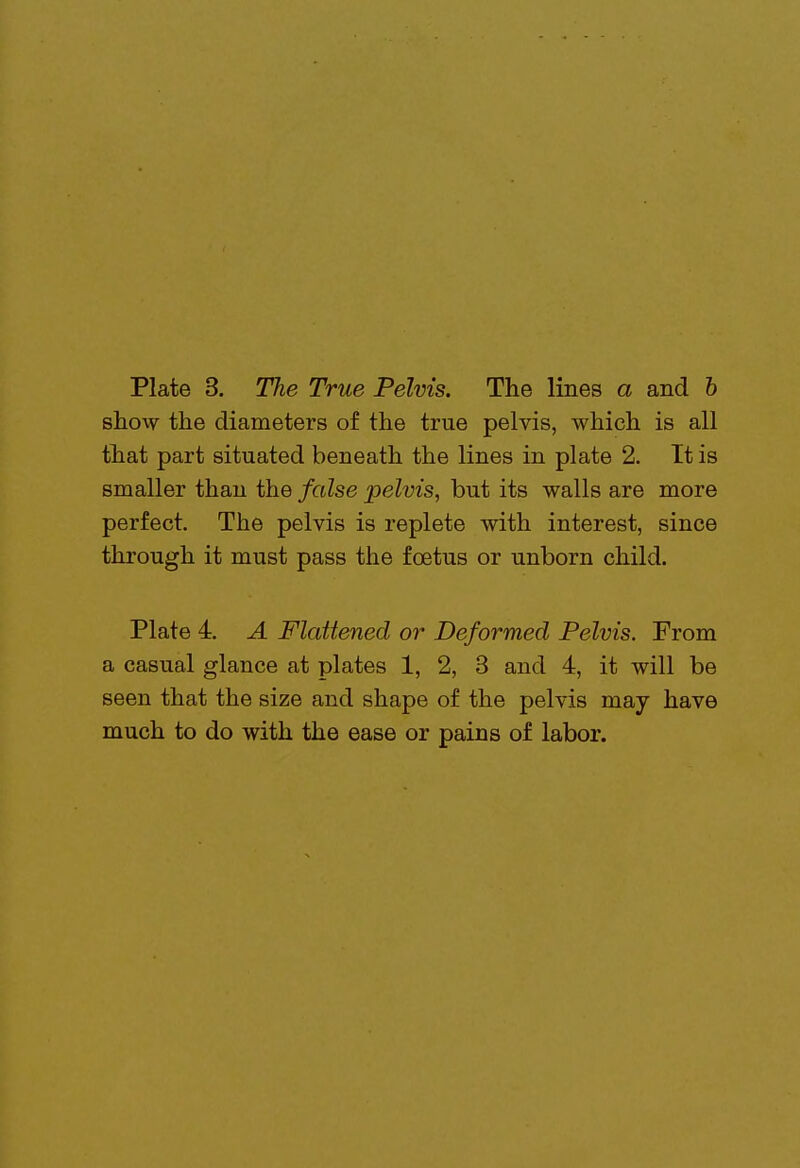 show the diameters of the true pelvis, which is all that part situated beneath the lines in plate 2. It is smaller than the false pelvis, but its walls are more perfect. The pelvis is replete with interest, since through it must pass the foetus or unborn child. Plate 4. A Flattened or Deformed Pelvis. From a casual glance at plates 1, 2, 3 and 4, it will be seen that the size and shape of the pelvis may have much to do with the ease or pains of labor.