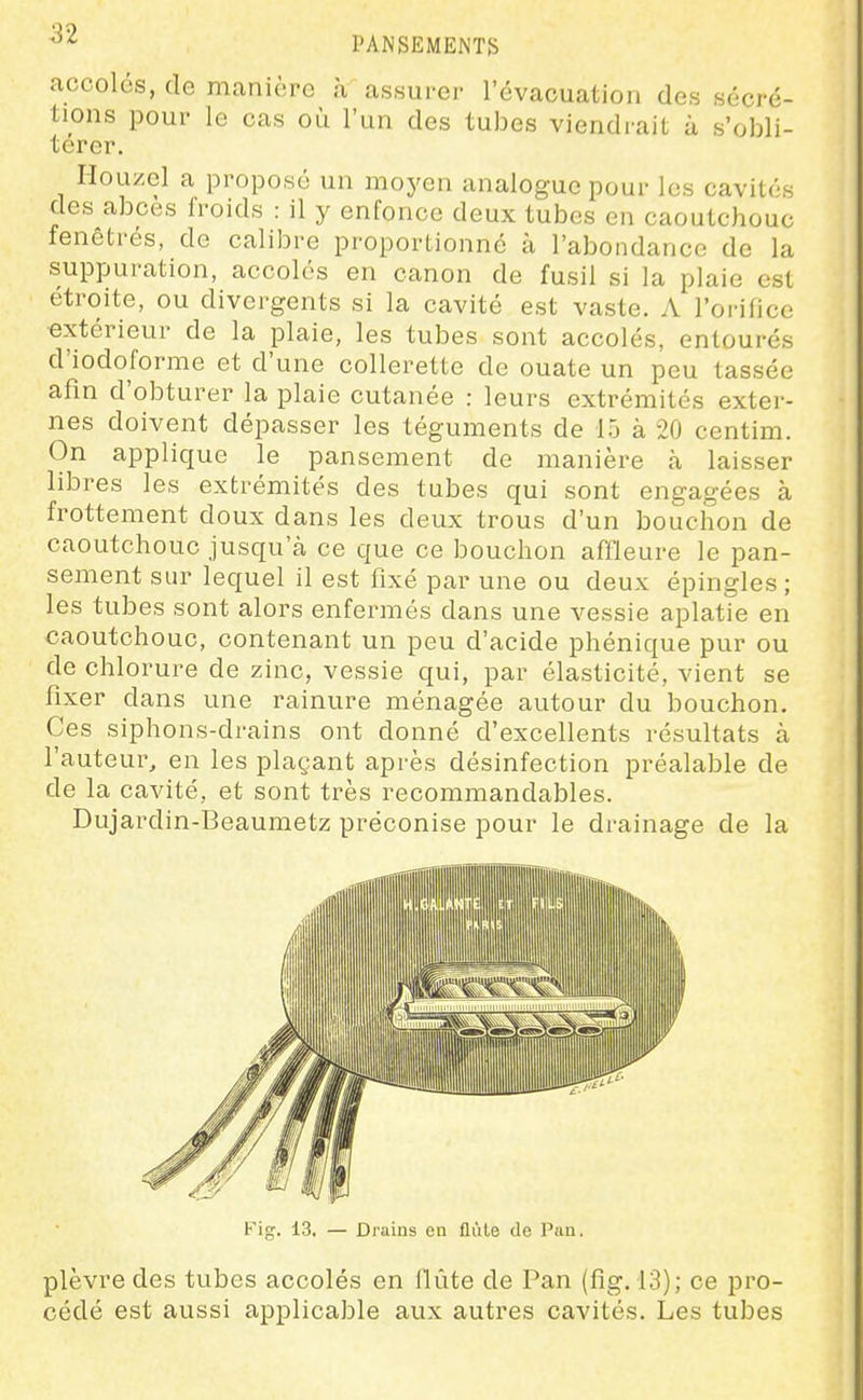 PANSEMENTS accolés, de manière à assurer l'évacuation des sécré- tions pour le cas où l'un des tubes viendrait à s'obli- térer. riouzel a proposé un moyen analogue pour les cavités des abcès froids : il y enfonce deux tubes en caoutchouc fenêtrés, de calibre proportionné à l'abondance de la suppuration, accolés en canon de fusil si la plaie est étroite, ou divergents si la cavité est vaste. A l'orifice •extérieur de la plaie, les tubes sont accolés, entourés d'iodoforme et d'une collerette de ouate un peu tassée afin d'obturer la plaie cutanée : leurs extrémités exter- nes doivent dépasser les téguments de 15 à 20 centixTi. On applique le pansement de manière à laisser libres les extrémités des tubes qui sont engagées à frottement doux dans les deux trous d'un bouchon de caoutchouc jusqu'à ce que ce bouchon affleure le pan- sement sur lequel il est fixé par une ou deux épingles ; les tubes sont alors enfermés dans une vessie aplatie en caoutchouc, contenant un peu d'acide phénique pur ou de chlorure de zinc, vessie qui, par élasticité, vient se fixer dans une rainure ménagée autour du bouchon. Ces siphons-drains ont donné d'excellents résultats à l'auteur, en les plaçant après désinfection préalable de de la cavité, et sont très recommandables. Dujardin-Beaumetz préconise pour le drainage de la Fio;. 13. — Druius en flûte de Pan. plèvre des tubes accolés en llùte de Pan (fig. 13); ce pro- cédé est aussi applicable aux autres cavités. Les tubes