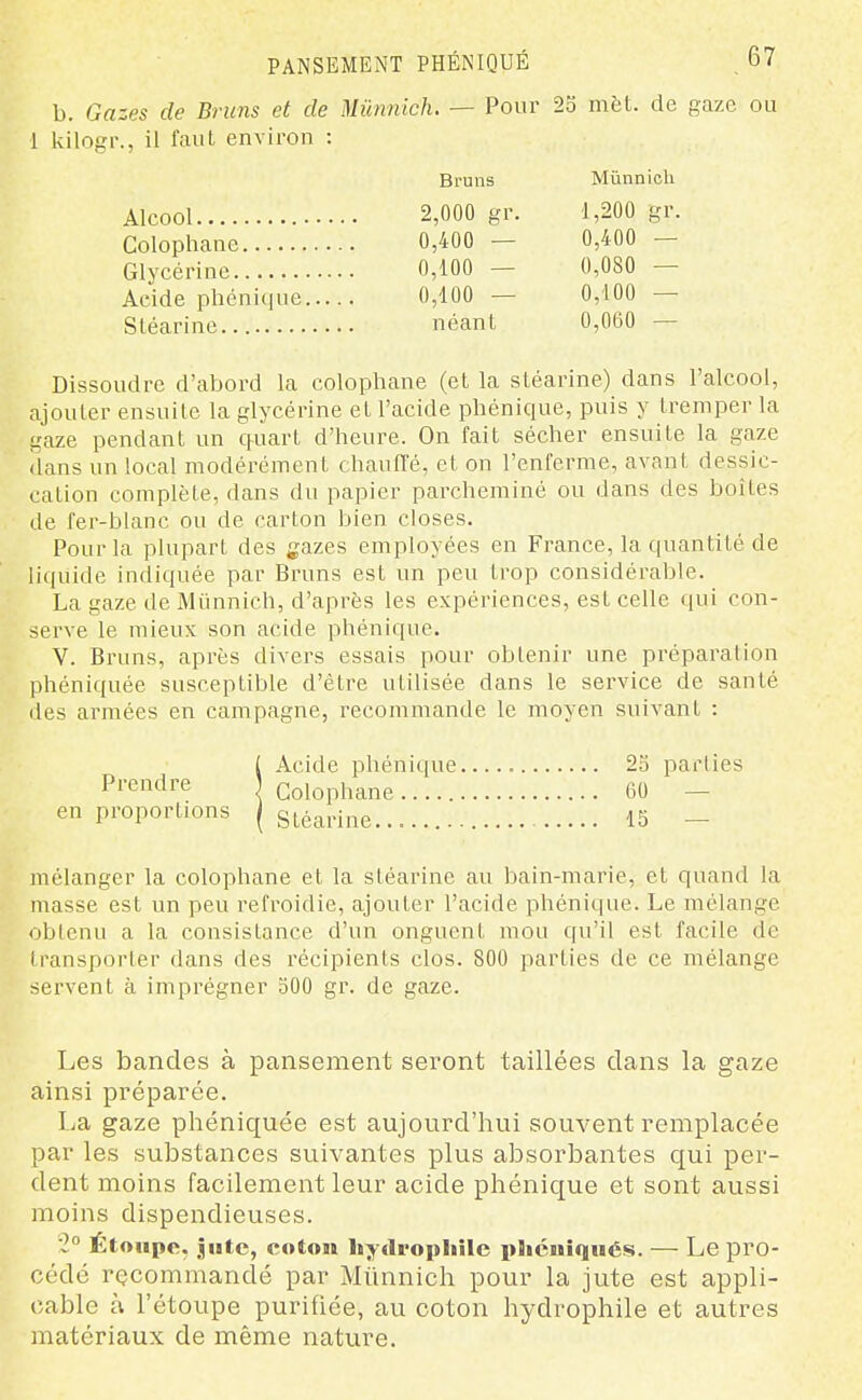 b. Gazes de Bruns et de Mûnnich. — Pour 23 mèt. de gaze ou 1 kilogr., il faut environ : Bruns Mûnnich Alcool 2,000 gr. 1,200 gr. Colophane 0,400 — 0,400 — Glycérine 0,100 — 0,080 — Acide phénique 0,100 — 0,100 — Stéarine néant 0,060 — Dissoudre d'abord la colophane (et la stéarine) dans l'alcool, ajouter ensuite la glycérine et l'acide phénique, puis y tremper la gaze pendant un quart d'heure. On fait sécher ensuite la gaze ilans un local modérément chauffé, et on l'enferme, avant dessic- cation complète, dans du papier parcheminé ou dans des boîtes de fer-blanc ou de carton bien closes. Pour la plupart des gazes employées en France, la quantité de liquide indiquée par Bruns est un peu trop considérable. La gaze de Miinnich, d'après les expériences, est celle qui con- serve le mieux son acide phénique. V. Bruns, après divers essais pour obtenir une préparation phéniquée susceptible d'être utilisée dans le service de santé des armées en campagne, recommande le moyen suivant : Prendre Acide phénique 2S parties Colophane 60 — en proportions ( stéarine... 15 mélanger la colophane et la stéarine au bain-marie, et quand la masse est un peu refroidie, ajouter l'acide phénique. Le mélange obtenu a la consistance d'un onguent mou qu'il est facile de transporter dans des récipients clos. 800 parties de ce mélange servent à imprégner 500 gr. de gaze. Les bandes à pansement seront taillées clans la gaze ainsi préparée. La gaze phéniquée est aujourd'hui souvent remplacée par les substances suivantes plus absorbantes qui per- dent moins facilement leur acide phénique et sont aussi moins dispendieuses. •2° Étoiipc, jute, coton hydrophile phéiiiqués. — Le pro- cédé recommandé par Miinnich pour la jute est appli- cable à l'étoupe purifiée, au coton hydrophile et autres matériaux de même nature.