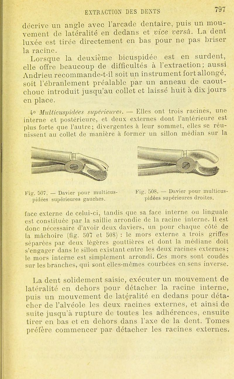 décrive un angle avec l'arcade dentaire, puis un mou- vement de latéralité en dedans et vice versa. La dent luxée est tirée directement en bas pour ne pas briser la racine. Lorsque la deuxième bicuspidée est en surdent, elle offre beaucoup de difficultés à l'extraction; aussi Andrieu recommande-t-il soit un instrument fort allongé, soit lebranlement préalable par un anneau de caout- chouc introduit jusqu'au collet et laissé huit à dix jours en place. 4° Miilticuspidées supérieures. — Elles ont trois racines, une interne et postérieure, et deux externes dont l'antérieure est plus forte que l'autre; divergentes à leur sommet, elles se réu- nissent au collet de manière à former un sillon médian sur la face externe de celui-ci, tandis que sa face interne ou linguale est constituée par la saillie arrondie de la racine interne. Il est donc nécessaire d'avoir deux daviers, un pour chaque côté de la mâchoire (Fig. 507 et 508) : le mors externe a trois griffes séparées par deux légères gouttières et dont la médiane doit s'engager dans le sillon existant entre les deux racines externes; le mors interne est simplement arrondi. Ces mors sont coudés sur les branches, qui sont elles-mêmes courbées en sens inverse. La dent solidement saisie, exécuter un mouvement de latéralité en dehors pour détacher la racine interne, puis un mouvement de latéralité en dedans pour déta- cher de l'alvéole les deux racines externes, et ainsi de suite jusqu'à rupture de toutes les adhérences, ensuite tirer en bas et en dehors dans l'axe de la dent. Tomes préfère commencer par détacher les racines externes. Fig. 507. — Davier pour muUicus- pidées supérieures gauches. Fig. 508. — Davier pour mullicus- pidées supérieures droites.