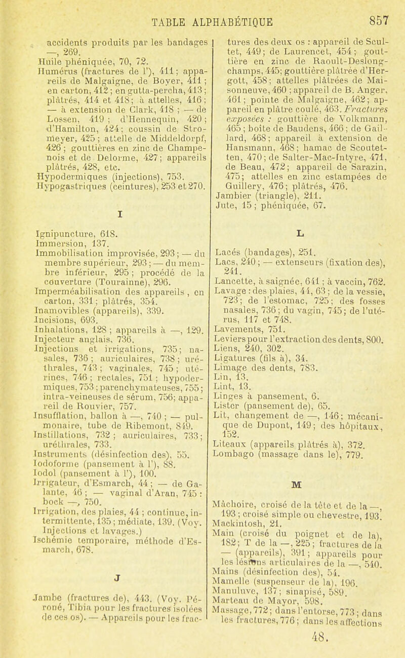 accidents produits par les bandages —, 269. Huile phéniqiiée, 70, 72. Humérus (fractures de 1'), 411; appa- reils de Malgaigne, de Boyer, 411 ; en carton, 412 ; en gulta-percha, 413 ; plâtrés, -414 et 418; à attelles, 416: — à extension de Clai-k, 418 ; ■— de Lossen. 419 ; d'Hennequin, 420 ; ^l'Hamilton, 424: coussin de Stro- Hieyer, 425 ; attelle de Middeldorpf, 426 ; gouttières en zinc de Champe- nois et de Delorme, 427; appareils plâtrés, 428, etc. Hypodermiques (injections), 753. Hypogastriques (ceintures), 253 et 270. I Ignipunclure, 618. Immersion, 137. Immobilisation improvisée, 293 ; — du membre supérieur, 293 ; — du mem- bre inférieur, 295 ; procédé de la couverture (Tourainne), 296. Imperméabilisation des appareils , en carton, 331 ; plâtrés, 354. Inamovibles (appareils), 339. Incisions, 693. Inhalations, 128 ; appareils ii —, 129. Injecleur anglais, 736. Injections et irrigations, 735; na- sales, 736 ; auriculaires, 738 ; uré- thrales, 743 ; vaginales, 745 ; uté- rines, 746 ; rectales, 751 ; hypoder- miques, 753 ; parenchymateuses, 755 ; intra-veineuses de sérum, 756; appa- reil de Rouvier, 757. Insufflation, ballon à —, 740 ; — pul- monaire, tube de Ribemont, 819. Instillations, 732; auriculaires, 733; uréthrales, 733. Instruments (désinfection des), 55. lodofornie (pansement à 1'), 88. lodol (pansement h 1'), 100. Irrigateur, d'Esmarch, 44 ; — de Ga- lante, 46 ; — vaginal d'Aran, 745 : bock —, 750. Irrigation, des plaies, 44 ; continue, in- termittente, 135; médiate, 139. (Voy. Injections et lavages.) Ischémie lemporaire, méthode d'Es- march, 678. J Jambe (fractures de), 443. (Voy. l'é- roné, Tibia pour les fractures isolées de ces os). — Appareils pour les frac- tures des deux os : appareil de Scul- tet, 449; de Laurencet, 454; gout- tière en zinc de Raoult-Deslong- champs, 445; gouttière plâtrée d'Her- gott, 458 ; attelles plâtrées de Mai- sonneuve,460 ; appareil de B. Anger, 461; pointe de Malgaigne, 462; ap- pareil en plâtre coulé, 463. Fractures exposées : goutlioi-e de Volkmann, 465 ; boîte de Baudens, 466 ; de Gail- lard, 468; appareil à extension de Hansmann, 468; hamac de Scoutet- ten, 470; de Salter-Mac-fntyre, 471, de Beau, 472; appareil de Sarazin, 475; attelles en zinc estampées de Guillery, 476; plâtrés, 476. Jambier (triangle), 211. Jute, 15 ; phéniquée, 67. L Lacés (bandages), 251. Lacs, 240 ; — extenseurs (fixation des), 241. Lancette, à saignée, 641 ; à vaccin, 762. Lavage : des plaies, 4 i, 63 ; de la vessie, 723; de l'estomac, 725; des fosses nasales, 736; du vagin, 745; de l'uté- rus, 117 et 748. Lavements, 751. Leviers pour l'extraction des dents, 800. Liens, 240, 302. Ligatures (flls à), 34. Limage des dents, 783. Lin, 13. Lint, 13. Linges à pansement, 6. Lister (pansement de), 65. Lit, changement de—, 146; mécani- que de Dupont, 149; des hôpitaux, 152. Liteaux (appareils plâtrés à), 372. Lombago (massage dans le), 779. M Mâchoire, croisé de la tète et de la—, 193 ; croisé simple ou chevestre, 193! Mackintosh, 21. Main (croisé du poignet et de la), 182; T de la —, 225 ; fractures de là — (appareils), 391 ; appareils pour les lésions articulaires de la , 540. Mains (désinfection des), 54. Mamelle (suspcnseur de la), 196. Manniuve, 137; sinapisc, 589. Marteau de Mayor, 598. Massage, 772; dans l'entorse, 773 ; dans les fractures, 776; dans les affections 48.