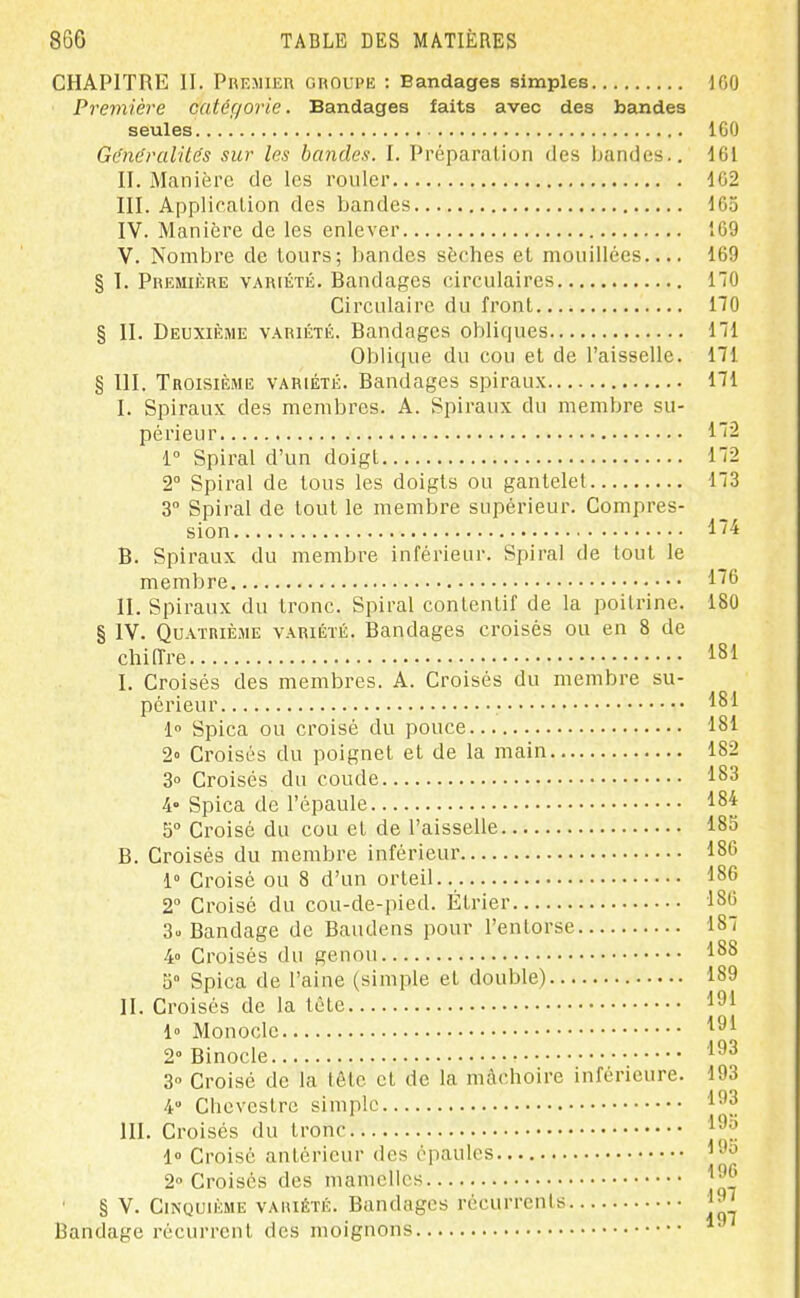 CHAPITRE II. Premier groupe : Bandages simples 100 Première catégorie. Bandages faits avec des bandes seules 160 Généralités sur les bandes. I. Préparation des bandes.. 161 II. Manière de les rouler 102 III. Application des bandes 105 IV. Manière de les enlever 109 V. Nombre de tours; bandes sèches et mouillées.... 169 § I. Première variété. Bandages circulaires 170 Circulaire du front 170 § II. Deuxième variété. Bandages obliques 171 Oblique du cou et de l'aisselle. 171 § m. Troisième variété. Bandages spiraux 171 I. Spiraux des membres. A. Spiraux du membre su- périeur 172 1° Spiral d'un doigt 172 2° Spiral de tous les doigts ou gantelet 173 3° Spiral de tout le membre supérieur. Compres- sion B. Spiraux du membre inférieur. Spiral de tout le membre II. Spiraux du tronc. Spiral conlenlif de la poitrine. 180 § IV. Quatrième variété. Bandages croisés ou en 8 de chiiïre 181 I. Croisés des membres. A. Croisés du membre su- périeur ■ 181 1» Spica ou croisé du pouce 181 2» Croisés du poignet et de la main 182 3o Croisés du coude 183 4» Spica de l'épaule 184 5° Croisé du cou et de l'aisselle 185 B. Croisés du membre inférieur 186 1° Croisé ou 8 d'un orteil.. 186 2° Croisé du cou-de-pied. Étrier 180 3o Bandage de Baudens pour l'entorse 187 4° Croisés du genou 188 5° Spica de l'aine (simple et double) 189 II. Croisés de la tête 1^1 1» Monocle 1^1 2° Binocle • 1^^ 3° Croisé de la lêtc et de la mâchoire inférieure. 193 4 Chevcstre simple 1^3 III. Croisés du tronc 1^^ 1» Croisé antérieur dos épaules l^'^ 2 Croisés des mamelles 1^;^' • § V. CiNQUUiME variété. Bundagcs récurrents 13^ Bandage récurrent des moignons