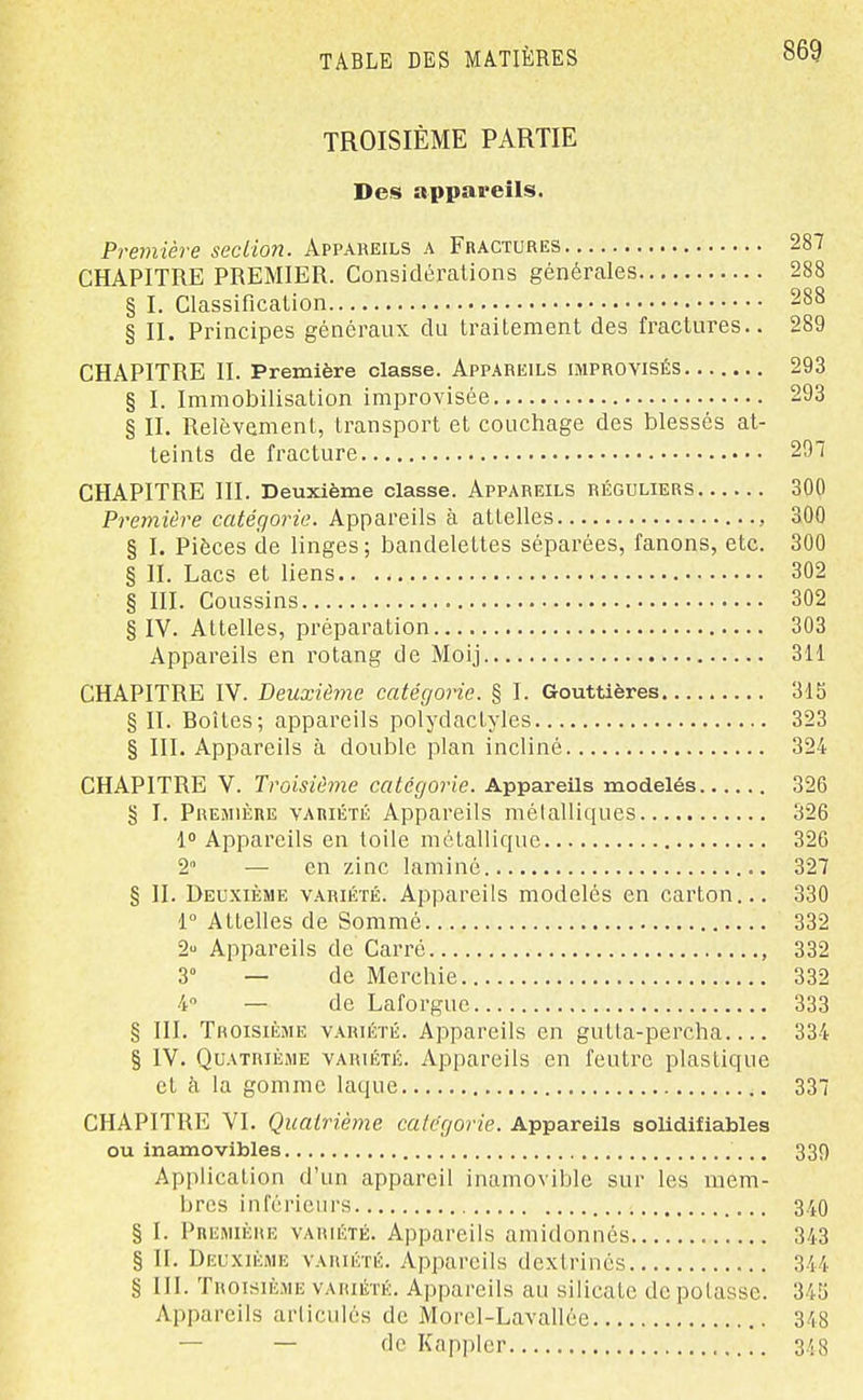 TROISIÈME PARTIE Des appareils. Previière secLion. Appareils a Fractures 287 CHAPITRE PREMIER. Considérations générales 288 § I. Classification 288 § IL Principes généraux du traitement des fractures.. 289 CHAPITRE II. Première classe. Appareils improvisés 293 § I. Immobilisation improvisée 293 § II. Relèvement, transport et couchage des blessés at- teints de fracture 297 CHAPITRE III. Deuxième classe. Appareils réguliers 30Ç Preinière catégorie. Appareils à attelles , 300 § I. Pièces de linges; bandelettes séparées, fanons, etc. 300 § II. Lacs et liens 302 § III. Coussins 302 § IV. Attelles, préparation 303 Appareils en rotang de Moij 311 CHAPITRE IV. Deuxièyne catégorie. § I. Gouttières 315 § II. Boîtes; appareils polydactyles 323 § IIL Appareils à double plan incliné 324 CHAPITRE V. Troisième catégorie. Appareils modelés 326 § I. Première variété Appareils métalliques 326 1 Appareils en toile métallique 326 2 — en zinc laminé 327 § II. Deuxième variété. Appareils modelés en carton... 330 1° Attelles de Sommé 332 2 Appareils de Carré , 332 3° — de Merchie 332 4 — de Laforgue 333 § III. Troisième variété. Appareils en gutta-percha 334 § IV. Quatrième variété. Appareils en feutre plastique et à la gomme laque 337 CHAPITRE VI. Quatrième catégorie. Appareils solidifiables ou inamovibles 330 Application d'un appareil inamovible sur les mem- bres inférieurs 340 § I. Premièiu-: variété. Appareils amidonnés 343 § II. Deuxième variété. Appareils dextrincs 344 § III. Troisième variété. Appareils au silicate dépotasse. 345 Appareils articulés de Morel-Lavallée 348 — — de Kappler 3/. 8