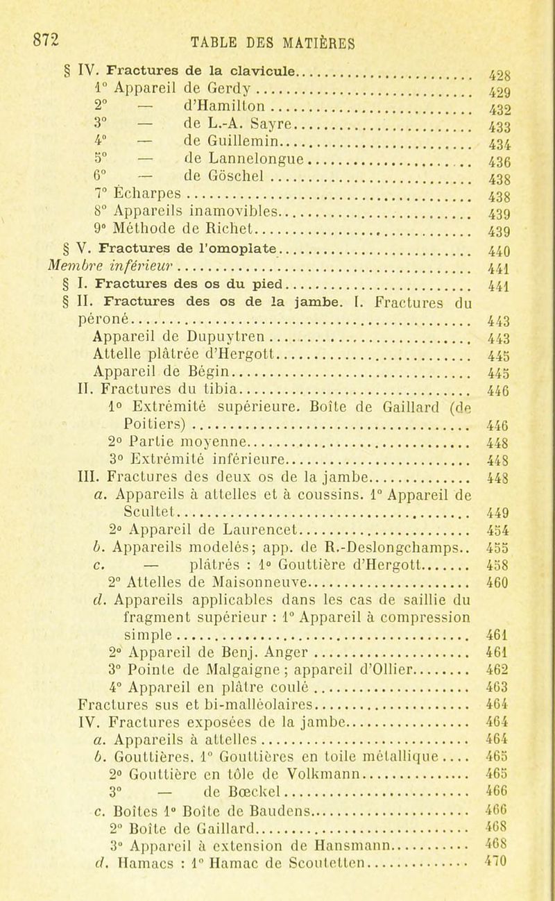 § IV. Fractures de la clavicule 42^ 1° Appareil de Gerdy 429 2° — d'Hamilion 432 3° — de L.-A. Sayre . 433 4° — de Guillemin 434 5° — de Lannelongue 436 6 — de Gôschel 438 1 Écharpes 438 8° Appareils inamovibles 43g 9° Méthode de Ricliet 439 § V. Fractures de l'omoplate 44O Membre inférieur 44I § I. Fractures des os du pied 44I § II. Fractures des os de la jambe. I. Fractures du péroné 443 Appareil de Dupuytren 443 Attelle plâtrée d'Hergott 445 Appareil de Bégin 445 II. Fractures du tibia 446 1° Extrémité supérieure. Boîte de Gaillard (de Poitiers) 446 2» Partie moyenne 448 30 Extrémité inférieure 448 III. Fractures des deux os de la jambe 448 a. Appareils à attelles et à coussins. 1° Appareil de Scultet 449 2 Appareil de Laurencet 434 b. Appareils modelés; app. de R.-Deslongchamps.. 453 c. — plâtrés : 1 Gouttière d'Hergott 458 2° Attelles cle Maisonneuve 460 d. Appareils applicables dans les cas de saillie du fragment supérieur : 1° Appareil à compression simple 461 2° Appareil de Benj. Anger 461 3° Pointe de Malgaigne ; appareil d'Ollier 462 4° Appareil en plâtre coulé 463 Fractures sus et bi-malléolaires 464 IV. Fractures exposées de la jambe 464 a. Appareils à attelles 464 b. Gouttières. 1° Gouttières en toile métallique 465 2° Gouttière en tôle de Volkmann 465 3 — de Bœckel 466 c. Boîtes 1 Boîte de Baudens 466 2 Boîte de Gaillard 468 3 Appareil à extension de Hansmann 468 (/. Hamacs : 1 Hamac de Scoutetlen 470