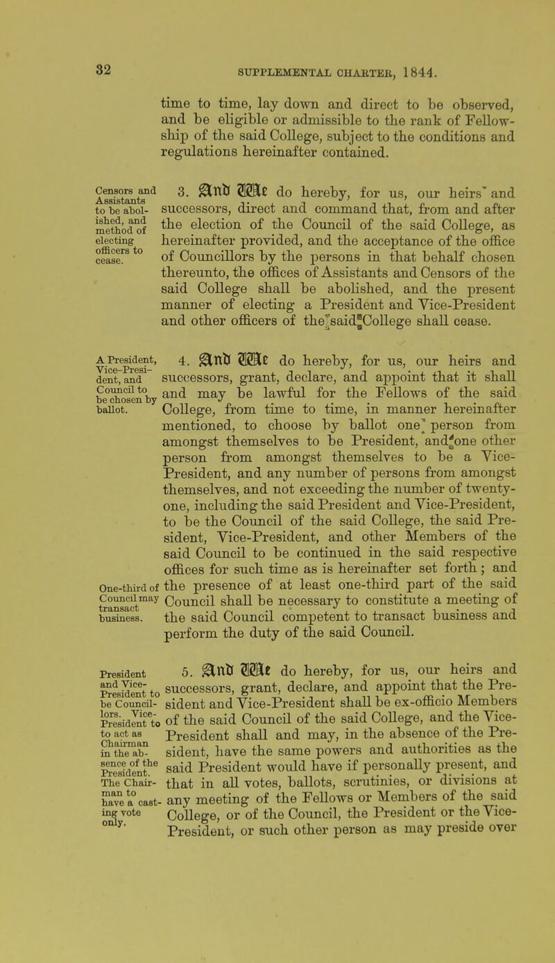 time to time, lay down and direct to be observed, and be eligible or admissible to the rank of Fellow- sliip of tlie said College, subject to the conditions and regulations hereinafter contained. Censors and Assistants to be abol- ished, and method of electing officers to cease. 3. ^nti Wit do hereby, for us, our heirs' and successors, direct and command that, from and after the election of the Council of the said College, as hereinafter provided, and the acceptance of the office of Councillors by the persons in that behalf chosen thereunto, the offices of Assistants and Censors of the said College shall be abolished, and the present manner of electing a President and Vice-President and other officers of the^said'CoUege shaU cease. A.i^sident, 4. g^ttlj Wit do hereby, for us, our heirs and dent, and successors, grant, declare, and appoint that it shall be*chosen°by ^® lawful for the Fellows of the said ballot. College, from time to time, in manner hereinafter mentioned, to choose by ballot one' person from amongst themselves to be President, andfone other person from amongst themselves to be a Vice- President, and any number of persons from amongst themselves, and not exceeding the number of twenty- one, including the said President and Vice-President, to be the Council of the said College, the said Pre- sident, Vice-President, and other Members of the said Council to be continued in the said respective offices for such time as is hereinafter set forth ; and One-third of the presence of at least one-third part of the said CouncUmay Qouncil shall be necessary to constitute a meeting of business. the said Council competent to transact business and perform the duty of the said Council. President 5. ^ixtl Wit do hereby, for us, our heirs and PresWent to successors, grant, declare, and appoint that the Pre- hl Councu- sident and Vice-President shall be ex-officio Members PresidSt'to of the said Council of the said CoUege, and the Vice- to act as President shall and may, in the absence of the Pre- Fn ther sident, liave the same powers and authorities as the Mdfnf ^ said President would have if personally present, and The Chair- that in aU votes, ballots, scrutinies, or divisions at have a cast- any meeting of the FeUows or Members of the said ing vote College, or of the Council, the President or the Vice- ° ^' President, or such other person as may preside over