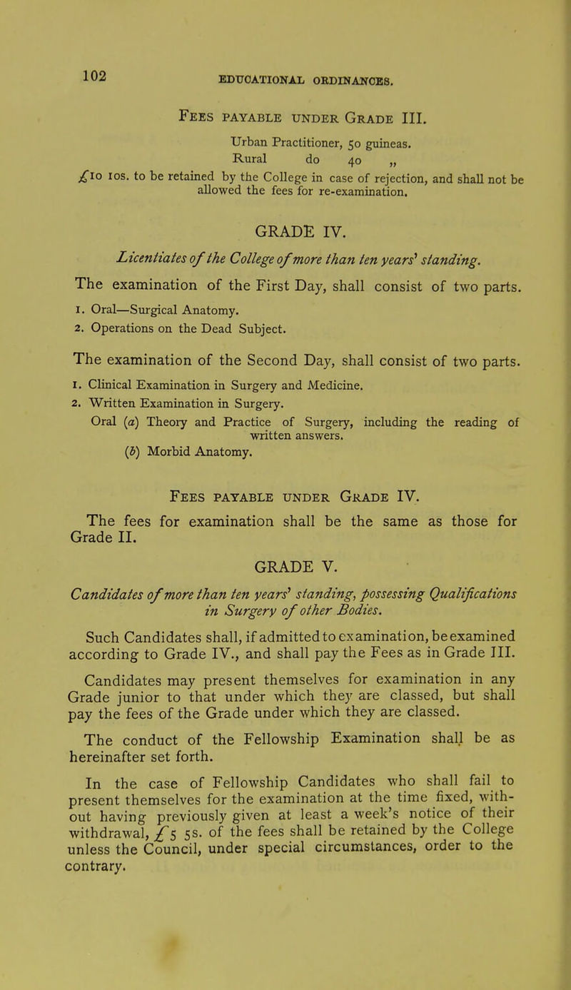 Fees payable under Grade III. Urban Practitioner, 50 guineas. Rural do 40 „ j^io los. to be retained by the College in case of rejection, and shall not be allowed the fees for re-examination. GRADE IV. Licentiates of the College of more than ten years' standing. The examination of the First Day, shall consist of two parts. 1. Oral—Surgical Anatomy. 2. Operations on the Dead Subject. The examination of the Second Day, shall consist of two parts. 1. Clinical Examination in Surgery and Medicine. 2. Written Examination in Surgery. Oral (a) Theoiy and Practice of Surgery, including the reading of written answers. (5) Morbid Anatomy. Fees payable under Grade IV. The fees for examination shall be the same as those for Grade II. GRADE V. Candidates of more than ten years' standing, possessing Qualifications in Surgery of other Bodies, Such Candidates shall, if admitted to examination, beexamined according to Grade IV., and shall pay the Fees as in Grade TIL Candidates may present themselves for examination in any Grade junior to that under which they are classed, but shall pay the fees of the Grade under which they are classed. The conduct of the Fellowship Examination shall be as hereinafter set forth. In the case of Fellowship Candidates who shall fail to present themselves for the examination at the time fixed, with- out having previously given at least a week's notice of their withdrawal, £s ss. of the fees shall be retained by the College unless the Council, under special circumstances, order to the contrary.