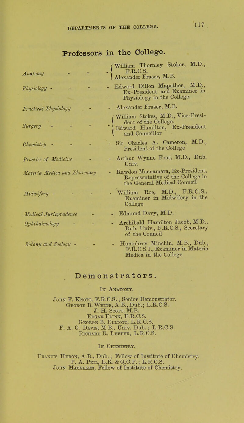 Professors in the College. Anatomy Physiology - Practical Physiology Surgery - Chemistry - Practice of Medicine Materia Medica and Pharmacy Midwifery - Medical Jurisprudence Ophthalmology Botany and Zoology - /WiUiam Thornley Stoker, M.D., F.R.O.S. (Alexander Eraser, M.B. - Edward Dillon Mapother, M.D., Ex-President and Examiner in Physiology in the CoUege. - Alexander Eraser, M.B. iWniiam Stokes, M.D., Vice-Presi- dent of the College. Edward Hamilton, Ex-President and Councillor - Sir Charles A. Cameron, M.D., President of the CoUege - Arthur Wynne Eoot, M.D., Dub. Univ. - Eawdon Macnamara, Ex-President, Representative of the College in the General Medical Council - William Roe, M.D., E.R.O.S., Examiner in Midwifery in the College - Edmund Davy, M-D. - Archibald Hamilton Jacob, M.D., Dub. Univ., F.R.C.S., Secretary of the Council - Humphrey Minchin, M.B., Dub., E.R.C.S.I., Examiner in Materia Medica in the College Demonstrators. In Anatomy. John E. Knott, E.R.C.S.; Senior Demonstrator. Geoeoe B. White, A.B., Dub.; L.R.C.S. J. H. SooTT, M.B. Edgae Elinn, E.R.C.S. Geoege B. Elliott, L.R.C.S. F. A. G. Davis, M.B., Univ. Dub.; L.R.C.S. RiOHAED R. Leepee, L.R.C.S. In Chemistey. Feancis Heeon, A.B., Dub.; Fellow of Institute of Chemistry. P. A. Peil, L.K. & Q.C.P.; L.R.C.S. JonN Maoallbn, Fellow of Institute of Chemistry.