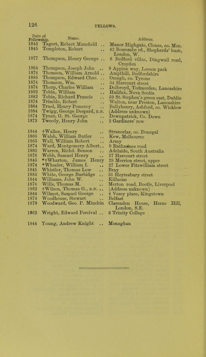 lellowsMp. i-iaiiiv. 1846 Tagort, Eobert Mansfield .. 1845 Templeton, Robert 1877 Thompson, Henry George .. 1864 Thompson, Joseph John .. 1874 Thomson, William Arnold .. 1886 Thompson, Edward Ohas. .. 1874 Thomson, Wm. 1874 Thorp, Charles William .. 1882 Tobin, William 1882 Tobin, Richard Francis 1874 Trimble, Robert 1864 Truel, Henry Pomeroy 1884 Twigg, George Despard, e.n. 1874 Tyner, G. St. George 1873 Tweedy, Henry John Address. Manor Highgato, Clones, co. Mon. 42 Boscombe rd.. Shepherds' bush, London, W. 6 Bedford villas, Dingwall road, Croydon 9 Appian way, Leeson park AmpthiU, Bedfordshire Omagh, CO. Tyrone 34 HarcoTU-t street Dolbroyd, Todmorden, Lancashire Halifax, Nova Scotia 69 St. Stephen's green east, Dublin Walton, near Preston, Lancashire Ballyhenry, Ashford, co. Wicklow (Address imknown) Downpatrick, Co. Down 2 Gardiners' row 1844 fWaUen, Henry 1865 Walsh, WilLiam Butler 1865 WaU, William Robert 1874 Ward, Montgomery Albert.. 1882 Warren, Richd. Benson 1876 Webb, Samuel Henry 1846 *tWharton, James Henry 1874 *Wheeler, WOliam I. 1845 Whistler, Thomas Low 1885 White, George Burbidge .. 1844 Williams, John W. 1874 WiUs, Thomas M. 1862 fWilson, Thomas G., e.n. .. 1844 Wilmot, Samuel George 1874 Woodbouse, Stewart 1879 Woodward, Geo. P. Minchin 1862 Wright, Edward Percival ., Stranorlar, co. Donegal Kew, Melbourne Army 9 Rathmines road Adelaide, South Australia 27 Harcourt street 28 Merrion street, upper 27 Lower FitzT\illiam street Bray 51 Heytesbury street Killucan Merton road, Bootle, Liverpool (Address unknown) 4 Vesey place, Kingstown Belfast Clarendon House, Heme Hill, London, S.E. 6 Trinity College 1844 Young, Andrew Knight .. Monaghan