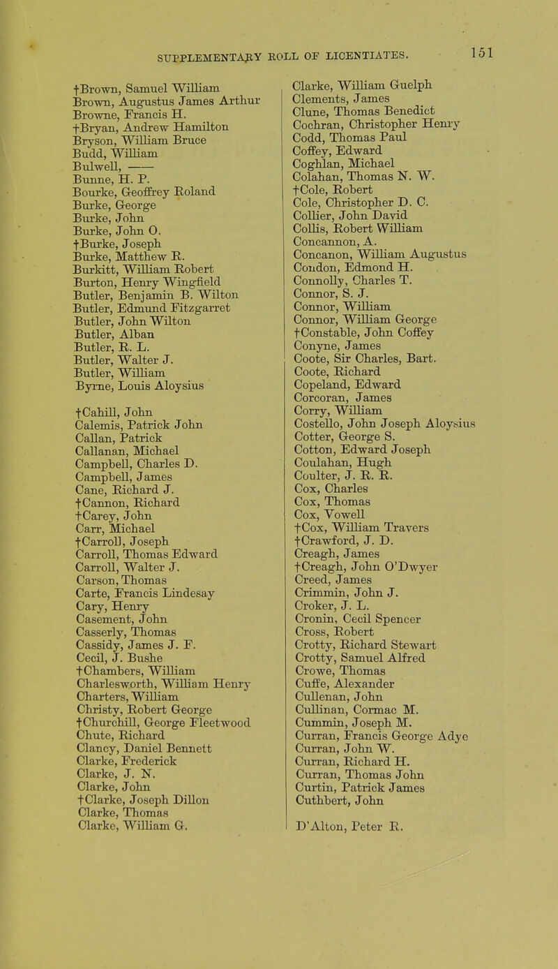 fBrown, Samuel William Brown, Augustus James Arthur Browne, rrancis H. fBryan, Andrew Hamilton Bryson, William Bruce Budd, WilUam BulweU, Bunne, H. P. Bourke, Geoffi.'ey Roland Burke, George Burke, John Burke, John 0. ■j-Burke, Joseph Burke, Matthew R. Burkitt, William Robert Burton, Henry Wingfield Butler, Benjamin B. Wilton Butler, Edmund Fitzgarret Butler, John Wilton Butler, Alban Butler, E. L. Butler, Walter J. Butler, William Byi'ne, Louis Aloysius tCahill, John Calemis, Patrick John Callan, Patrick Callanan, Michael Campbell, Charles D. Campbell, James Cane, Richard J. t Cannon, Richard tCarey, John Carr, Michael tCarroll, Joseph Carroll, Thomas Edward Carroll, Walter J. Carson, Thomas Carte, Francis Lindesay Cary, Henry Casement, John Casserly, Thomas Cassidy, James J. F. Cecil, J. Bushe tChambers, William Charlesworth, William Henry Charters, William Christy, Robert George tChurchill, George Fleetwood Chute, Richard Clancy, Daniel Bennett Clarke, Frederick Clarke, J. N. Clarke, John fClarke, Joseph Dillon Clarke, Thomas Clarke, William G. Clarke, William Guelph Clements, James Clune, Thomas Benedict Cochran, Christopher Heniy Codd, Thomas Paul Ooflfey, Edward CoghJan, Michael Colahan, Thomas N. W. tCole, Robert Cole, Christopher D. C. Collier, John David Collis, Robert William Concannon, A. Concanon, William Augustus Condon, Edmond H. Connolly, Charles T. Coimor, S. J. Connor, William Connor, William George tOonstable, John Coffey Conyne, James Coote, Sir Charles, Bart. Coote, Richard Copeland, Edward Corcoran, James Corry, William Costello, John Joseph Aloysius Cotter, George S. Cotton, Edward Joseph Ooiilahan, Hugh Coulter, J. R. R. Cox, Charles Cox, Thomas Cox, VoweU fCox, William Travers tCrawford, J. D. Creagh, James fCreagh, John O'Dwyer Creed, James Crimmin, John J. Croker, J. L. Cronin, Cecil Spencer Cross, Robert Crotty, Richard Stewart Crotty, Samuel Alfred Crowe, Thomas Cuffe, Alexander Cullenan, John Cullinan, Cormac M. Cummin, Joseph M. Curran, Francis George Adye Curran, John W. Curran, Richard H. Curran, Thomas John Curtin, Patrick James Cuthbert, John DAlton, Peter R.