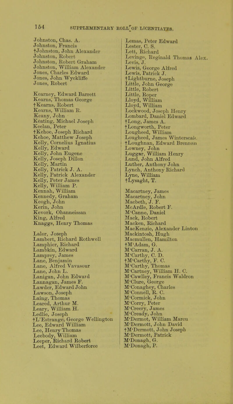 Johnston, Chas. A. Johnston, Francis t Johnston, John Alexander Johnston, Robert Johnston, Robert Graham J ohnston, William Alexander Jones, Charles Edward Jones, John WycklifPe Jones, Robert Kearney, Edward Barrett Keams, Thomas George fKeams, Robert Kearns, William R. Keany, John Keating, Michael Joseph Keelan, Peter fKehoe, Joseph Richard Kehoe, Matthew Joseph Kelly, Cornelius Ignatius Kelly, Edward Kelly, John Eugene Kelly, Joseph Dillon Kelly, Martin Kelly, Patrick J. A. Kelly, Patrick Alexander Kelly, Peter James KeUy, William P. Kennah, William Kennedy, Graham Keogh, John Kerin, John Kevork, Ohanneissan King, Alfred Knaggs, Henry Thomas Lalor, Joseph Lambert, Richard Rothwell Lamphier, Richard Lambkin, Edward Lamprey, James Lane, Benjamin Lane, Alfred Vavasour Lane, John L. Lanigan, John Edward Lannagan, James E. Lawder, Edward John Lawson, Joseph Laing, Thomas Leared, Arthur M. Leary, WiUiam H. Ledlie, Joseph fL'Estrange, George WeUington Lee, Edward William Lee, Henry Thomas Leebody, William Leeper, Richard Robert Leet, Edward Wilberforce Lemas, Peter Edward Lester, C. S. Lett, Richard Levingfi, Reginald Thomas Alex. Levis, J. Lewis, George Alfred Lewis, Patrick J. fLightbume, Joseph Little, John George Little, Robert Little, Roper Lloyd, William Lloyd, William Lockwood, Joseijh Henry Lombard, Daniel Edward fLong, J ames A. fLongworth, Peter Lougheed, William Lougheed, James WinterscaJr- fLoughnan, Edward Brennan Lowney, John Luggar, William Henry Lund, J ohn Alfred Luther, Anthony John Lynch, Anthony Richard Lyne, William tLysaght, T. Macartney, James Macartney, John Macbeth, J. F. McArdle, Robert F. M'Canne, Daniel Mack, Robert Macken, Richard MacKenzie, Alexander Linton Mackintosh, Hugh Macmullen, Hamilton tM'Adam, G. M'Carran, J. A. M'Carthy, 0. D. fM'Carthy, P. C. M'Carthy, Thomas M'Cartney, William H. C. M'CawUey, Francis Waldi-on M'Clure, George M'Conaghey, Charles M'ConneU, R. C. M'Cormick, John M'Corry, Peter M'Creery, James M'Cready, John M'Dermot, William Marcu M'Dermott, John David f M'Dei-mott, John Joseph M'Dermott, Patrick M'Donagh, G. M'Donagh, P.