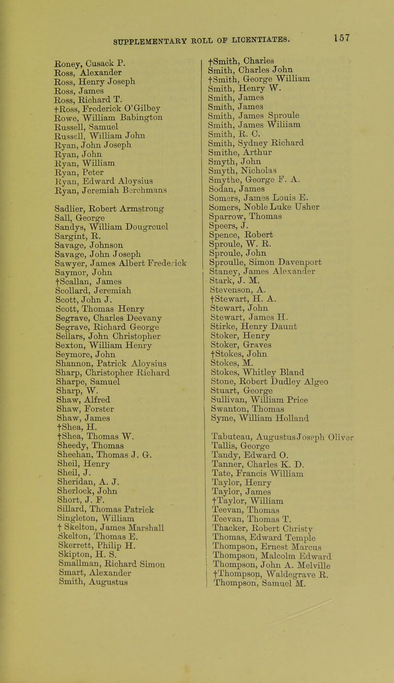 Eoney, Casaok P. Ross, Alexander Ross, Henry Joseph Ross, James Ross, Richard T. fRoss, Frederick O'Gilbey Rowe, WLLLiam Babington Russell, Samuel RusseU, WiUiain John Ryan, John Joseph Ryan, John Ryan, William Ryan, Peter Kyan, Edward Aloysius Ryan, Jeremiah Bsrchmans Sadlier, Robert Armstrong Sail, George Sandys, William Dougrouel Sargint, R. Savage, Johnson Savage, John J oseph Sawyer, James Albert Frederick Saymor, John fScaUan, James Scollard, Jeremiah Scott, John J. Scott, Thomas Henry Segrave, Charles Deevany Segrave, Richard G-eorge SeUars, John Christopher Sexton, William Henry Seymore, John Shannon, Patrick Aloysius Sharp, Christopher Richard Sharpe, Samuel Shai-p, W. Shaw, Alfred Shaw, Forster Shaw, James tShea, H. fShea, Thomas W. Sheedy, Thomas Sheehan, Thomas J. G. Shell, Henry SheU, J. Sheridan, A. J. Sherlock, John Short, J. F. Sniard, Thomas Patrick Singleton, William t Skelton, James Marshall Skelton, Thomas E. Skerrett, PhiKp H. Skipton, H. S. Smallman, Richard Simon Smart, Alexander Smith, Augustus f Smith, Charles Smith, Charles John fSmith, George William Smith, Henry W. Smith, James Smith, James Smith, James Sproule Smith, James Wiliiam Smith, R. C. Smith, Sydney Richard Smithe, Arthur Smyth, John Smyth, Nicholas Smythe, George F. A. Sodan, James Somers, James Louis E. Somers, Noble Luke Usher Sparrow, Thomas Speers, J. Spence, Robert Sproule, W. R. Sproule, John Sproulle, Simon Davenport Staney, James Alexander Stark, J. M. Stevenson, A. fStewart, H. A. Stewart, John Stewart, James H. Strrke, Henry Daunt Stoker, Henry Stoker, Graves fStokes, John Stokes, M. Stokes, Whitley Bland Stone, Robert Dudley Algeo Stuart, George Sullivan, William Price Swanton, Thomas Syme, William Holland Tabuteau, Augustus Josexsh Oliver TaUis, George Tandy, Edward 0. Tanner, Charles K. D. Tate, Francis William Taylor, Henry Taylor, James fTaylor, William Teevan, Thomas Teevan, Thomas T. Thacker, Robert Christy Thomas, Edward Temple Thompson, Ernest Marcus Thompson, Malcolm Edward ! Thompson, John A. Melville t'J-'hompson, Waldegravo R. j Thompson, Samuel M.