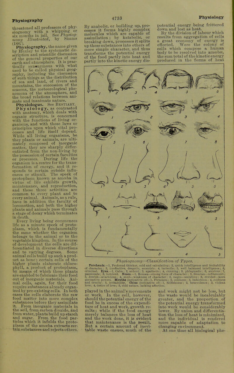 Physiography threatened all professors of phy- siognomy with a whipping or six months in jail. See Physiog- nomy IHustrated, by Simms (1S87). Physiography, the name given by Huxley to the systematic de- scription and scientific discussion of the general properties of our earth and atmosphere. It is prac- tically synonymous with what used to be called physical geog- raphy, including the discussion of such things as the distribution of sea and land, of rivers and moxmtains, the succession of the seasons, the meteorological phe- nomena of the atmosphere, and the broad relations between ani- mate and inanimate nature. Physiologus. See Bestiary. Physiology, as contrasted with anatomy, which deals with organic structure, is concerned with the functions of living or- ganisms, and with those laws or principles upon which vital pro- cesses and life itself depend. While all living organisms, be they plants or animals, are ulti- mately composed of inorganic matter, they are sharply differ- entiated from the non-living by the possession of certain faculties or processes. During life the organism is a centre for the trans- formation of energy, and it re- sponds to certain outside inflii- ences or stimuli. The speck of protoplasm known as amceba in virtue of life exhibits growth, maintenance, and reproduction, and these three activities are common to every plant and to every animal. Animals, as a rule, have in addition the faculty of locomotion, and both the higher plants and animals pass through a stage of decay which terminates in death. Every li^^ng being commences life as a minute speck of proto- plasm, which is fundamentally the same whether the organism belongs to the animal or to the vegetable kingdom. In the course of development the cells are dif- ferentiated in diverse directions and to varying degrees. Some animal cells build up such a prod- uct as bone; certain cells of the higher plants elaborate chloro- phyll, a product of protoplasm, by means of which these plants are enabled to fabricate their food out of inorganic materials. Ani- mal cells, again, for their food require substances already organ- ized by pre-existing cells. In both cases the cells elaborate the raw food matter into more complex substances before they assimilate it. From inorganic materials in the soil, from carbon dioxide, and from water, plants build up starch and sugar. From the food par- ticles which it infolds the proto- plasm of the amoeba extracts cer- tain substances and rejects others. 4733 By anabolic, or building up, pro- cesses it forms highly complex molecules which are capable of assimilation; by katabolic, or breaking down, processes it splits up these substances into others of more simple cliaracter, and thus transforms the potential energy of the food partly into heat and partly into the kinetic energy dis- Physiology potential energy being frittered down and lost as heat. By the division of labour which results from aggregation of cells a great economy of energy is effected. Were the colony of cells which compose a human body to be resolved into amoebse, the sum total of the kinetic energy produced in the forms of heat Physiognomy—Classification of Types. Foreheads.—], Profound thinker, cold and calculating; 2, quick intelligence and initahility of character; 3, irreflective, despotic, eccentric: 4, iini>ecile; 5, well balanced intelligence; 6, criminal. Eyes.—1, Calm; 2, ardent; 3, apathetic; 4, cunning; 5. phlegmatic; 6, anxious; 7, passionate ; 8, indolent. Noses.—1, Romau—strong force of character ; 2, Grecian—refinement; 3, Jewish—avaricious ; 4, snub-weakness of charfvcter; .'j, negro—secretive; 6, divided—keen perceptive powers. Mouths (indicative of)—1, Finnness ; 2, coldness: 3, indecision; 4, coldness and cruelty; H, irritability. Chins (indicative of)—1, Selfishness; 2, i>enevolence; 3, violent love ; 4, desire of love; 5, cold nature, lacking affection. and work might not be less, but the waste would be incalculably greater, and the proportion of the potential energy transformed into work would be considerably lower. By union and differentia- tion the loss of heat is minimized, and the individual is rendered more capable of adaptation to changing environment. At one time all biological phe- played in the animal's movements or work. In the cell, however, should the potential energy of the food be in excess of the expendi- ture of heat and work, growth re- sults ; while if the food energy merely balances the loss of heat and the work done, it is evident that maintenance is the result. But a certain amount of inevi- table waste ensues, much of the