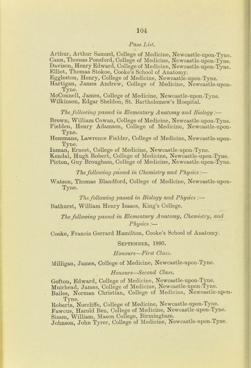Pass Lint. Arthur, Arthur Samuel, College of Medicme, Newcastle-upon-Tyne Caun, Thomas Ponsford, College of Medicine, Newcastle-upon-Tyne. Davison, Henry Edward, College of Medicine, Newcastle-upon-Tyne. Elliot, Thomas Stokoe, Cooke's School of Anatomy. Eggleston, Henry, College of Medicine, Newcastle-upon-Tyne. Hartigan, James Andrew, College of Medicine, Newcastle-upon- Tyne. McConnell, James, College of Medicine, Newcastle-upon-Tyne. Wilkinson, Edgar Sheldon, St. Bartholomew's Hospital. The followmg passed in Elementary Anatomy and Biology:— Brown, William Cowan, College of Medicine, Newcastle-upon-Tyne. Fielden, Henry Adamson, College of Medicine, Newcastle-upon- Tyne. Hemmans, Lawrence Fielder, College of Medicine, Newcastle-upon- Tyne. Inman, Ernest, College of Medicine, Newcastle-upon-Tyne. Kendal, Hugh Robert, College of Medicine, Newcastle-upon-Tjme. Picton, Guy Brougham, College of Medicine, Newcastle-upon-Tyne. The following passed in Chemistry and Physics:— Watson, Thomas Blandford, College of Medicine, Newcastle-upon- Tyne. The following passed in Biology and Physics :— Bathurst, William Henry Isaacs, King's College. The following passed in Elementary Anatomy, Chemistry, and Physics:— Cooke, Francis Gerrard Hamilton, Cooke's School of Anatomy. September, 1895. Honours—First Class. Milligan, James, College of Medicine, Newcastle-upon-Tyne. Honours—Second Class. Gofton, Edward, College of Medicine, Newcastle-upon-Tyne. Muirhead, James, College of Medicine, Newcastle-upon-Tyne. Bailes, Norman Chiistian, College of Medicine, Newcastle-upon Tyne. Roberts, Norcliflfe, College of Medicine, Newcastle-upon-Tyne. Fawcus, Harold Ben, College of Medicme, Newcastle-upon-Tyne. Sisam, William, Mason College, Birmingham. Johnson, John Tyrer, College of Medicine, Newcastle-upon-Tyne.