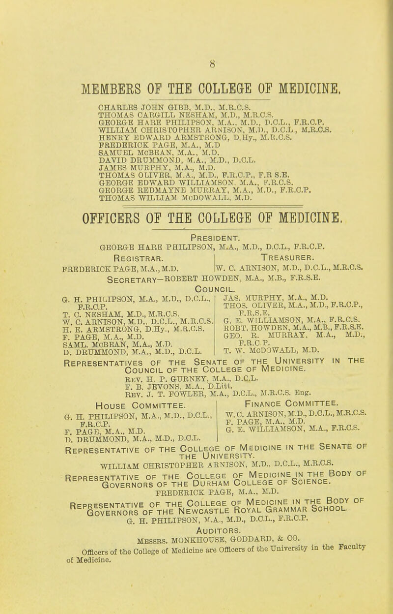 MEMBERS OF THE COLLEGE OF MEDICINE. CHARLES JOHN GIBB, M.D., M.R.C.S. THOMAS OARGILL NESHAM, M.D., M.R.C.S. GEORGE HARE PHILIPSON', M.A.. M.D., P.C.L., P.R.C.P. WILLIAM CHRISTOPHER ARNISON, M.D., D.C.L , M.R.C.S. HENRY EDWARD ARMSTRONG, D.lly., M.R.C.S. FREDERICK PAGE, M.A., M.D SAMUEL MOBEAN, M.A., M.D. DAVID DRUMMOND, M.A., M.D., D.C.L. JAMES MURPHY, M.A., M.D. THOMAS OLIVER, M.A., M.D., F.R.C.P., F.R S.E. GEORGE EDWARD WILLIAMSON. M.A., K.R.C.S. GEORGE REDMAYNE MURRAY, M.A., M.D., F.R.C.P. THOMAS WILLIAM McDOWALL, M.D. OFFICERS OF THE COLLEGE OF MEDICINE. President. george hare philipson, m.a., m.d., d.c.l., f.r.c.p. Registrar. Treasurer, frederick page, m.a.,m.d. w. c. arnison, m.d., d.c.l., m.r.c.s. Secretary—Robert howden, m.a., m.b., f.r.s.e. Council. G. H. PHILIPSON, M.A., M.D., D.C.L., FRCP t. c. nesham, m.d., m.r.c.s. w. c. arnison, m.d., d.c.l., m.r.c.s h. e. armstrong, d.hy., m.r.c.s. f. page, m.a., m.d. saml. mcbean, m.a., m.d. d. drummond, m.a., m.d., d.c.l. Representatives of the Senate of the University in Council of the College of Medicine. Rev. H. P. GURNEY, M.A., D.C.L. F. B. JEVONS. M.A, D.Litt. REV. J. T. FOWLER, MA., D.C.L., M.R.C.S. Eng JAS. MURPHY, M.A., M.D. THOS. OLIVER, M.A., M.D., F.R.C.P., F R S E G. E. WILLIAMSON, M.A., F.R.C.S. ROBT. HOWDEN, M.A.., M.B., F.R.S.E. GEO. R. MURRAY. M.A., M.D., FRCP T. W.' MCDOWALL, M.D. THE Finance Committee. W. C. ARNISON, M.D., D.C.L., M.R.C.S. F. PAGE, M.A.. M.D. G E. WILLIAMSON, M.A., F.R.C.S. House Committee. g. h. philipson, m.a., m.d., d.c.l. FRCP f. page,'m. a., m.d. d. drummond, m.a., m.d., d.c.l. Representative of the College of Medicine in the Senate of the University. WILLIAM CHRISTOPHER ARNISON, M.D., D.C.L., M.R.C.S. Representative of the College of Medicine in the Body of KEPRES Governorsof the Durham College of Science. frederick page, m.a., m.d. Rfpresentative of the College of Medicine in the Body of Governors of the Newcastle Royal Grammar School, g. h. philipson, m.a., m.d., d.c.l., f.r.c.p. Auditors. MESSRS. MONKHOUSE, GODDARD, & CO. Officers of the College of Medicine are Officers of the University in the Faculty of Medicine.