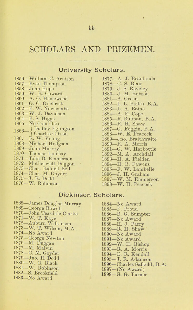 SCHOLARS AND PRIZEMEN. University Scholars. 1856— William C. Arnison 1857— Evan Thompson 1858— John Hope 1859— W. R Coward 1860— A. 0. Haslewood 1861— G. C. Gilchrist 1862— F. W. Newcombe 1863— W. J. Davidson 1864— F. S. Higgs 1865— No Candidate 1866— \ Krllfy %linston | Charles Gibson 1867— R W. Young 1868— Michael Hodgson 1869— John Murray 1870— Thomas Lindsay 1871— John B. Emmerson 1872— Motherwell Duggan 1873— Chas. Rddell Bell 1874— Chas. M. Goyder 1875— J. R Dodd 1876— W. Robinson 1877— A. J. Beanlands 1878— C. S. Blair 1879— J. S. Reveley 1880— J. M. Robson 1881— A. Green 1882— L. L. Bailes, B.A. 1883— L. A. Baine 1884— A. E. Cope 1885— F. Bulman, B.A. 1886— R. H. Shaw 1887— G. Foggin, B.A. 1888— W. E. Peacock 1889— Jno. Braithwaite 1890— R. A. Morris 1891— G. W. Harbottle 1892— M. A. Archdall 1893— H. A. Fielden 1894— H. B. Fawcus 1895— F. W. Lambelle 1896— J. H. Graham 1897— W. M. Emmerson 1898— W. H. Peacock Dickinson Scholars. 1868— James Douglas Murray 1869— George Rowell 1870— John Teasdale Clarke 1871— W. T. Kaye 1872— Auburn Wilkinson 1873— W. T. Wilson, M.A. 1874— No Award 1875— George Newton 1876— M. Duggan 1877— M. Malvin 1878— C. M. Goyder 1879— Jno. R. Dodd 1880— W. G. Black 1881— W. Robinson 1882— S. Brookfield 1883— No Award 1884— No Award 1885— F. Proud 1886— B. G. Sumpter 1887— No Award 1888— H. J. Parry 1889— R. H. Shaw 1890— No Award 1891— No Award 1892— W. H. Bishop 1893— R. A. Morris 1894— E. R. Kendall 1895— J. R. Adamson 1896— Charles Salkeld, B.A. 1897— (No Award) 1898— G. G. Turner