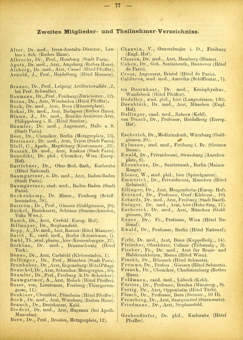 Zweites Mitglieder- und Theilnehmer-Verzeichniss. Altei-, Dl', med., Irren-Anstalts-Director, Leu- bus i. Sch. (Rothes Haus). Albrecht, Dr., Prof., Hamburg (Stadt Paris). Agatz, Dr. med., Arzt, Augsburg (Rothes Haus). Alsberg, Dr. med., Arzt, Cassel (HotelPfeiffer). Arnold, J., Prof., Heidelberg (Hotel Missmer). Braune, Dr., Prof., Leipzig( Artilleriewalls'tr.,2, bei Prof. Schwalbe). Baumann, Dr.,Prof.,Freiburg(Züricherstr., 12). Berna, Dr., Arzt, Wiesbaden (Hotel Pfeiffer). Beck, Dr. med., Arzt, Bern (Mäusterplatz). Bokai, Dr. med., Arzt, Budapest (Rothes Haus). Blume, J., Dr. med., Bezirks-Assistenz-Arzt, Philippsburg i. B. (Hotel Stecher). Bäumler, Dr. med., Augenarzt, Halle a. S. (Stadt Paris). Beer, Dr., Chemiker, Berlin (Metzgerphatz, 1.3). Brettauer, Dr. med., Arzt, Triest (Stadt Paris). Blell, C, Apoth., Magdeburg (Krutenaustr., 23). 'Buszek, Dr. med., Arzt, Krakau (Stadt Paris). Benedikt, Dr. phil., Chemiker, Wien (Europ. Hof). Battlehner, Dr., Ober-Med,-Rath, Karlsruhe (Hotel National). Baumgärtner, o. Dr. med., Arzt, Baden-Baden (Stadt Paris). Baumgärtner, stud. med., Baden-Baden (Stadt Paris). Beckenkamp, Dr. Miner., Freiburg (Schiff- leutstaden, 38). Boström, Dr., Prof., Glessen (Goldgiessen, 20). Bürkel, Bezirksarzt, Schönau (Sturmeckstaden, Voltz Wwe.). Busch, Dr., Arzt, Crefeld (Europ. Hof). Billmayer, Dr., Stephansfeld. Bopp, A., Dr. med., Arzt, Rastatt (Hotel Missmer). Barth, E., cand. med., Berlin (Küssstrasse, 7). Bcehl, Tl].,stud.pharm., hier (Kronenburgstr., 27). Berkhan, Dr. med. , Braunschvveig (Hotel Türk). Benno, Dr., Arzt, Carlsfeld (Kleberstaden, 1). Bollinger, Dr., Prof., München (Stadt Paris). Br u nhu ber, Dr., Arzt, Regensburg (Hotel Pflug). B e u s c he 1, Dr., Arzt, Schandau (Metzgergies,, 30). Bäumler, Dr., Prof., Freiburg (b. Dr. Schricker). Baumgartner, A., Arzt, Molsch (Hotel Pfeiffer). Bosse, von, Lieutenant, Freiberg (Thiergarteu- gasse, 11). Benkiser , Chemiker, Pforzheim (Hotel Pfeiffer). Beck, Dr. med., Arzt, Würzburg (Rothes Haus). Brauch, Dr., Bezirksarzt, Kehl. Biedert, Dr. med., Arzt, Hagenau (bei Apoth. Musculus). Born, Dr., Prof., Breslau, Metzgerplatz, 12). Chauvin, V., Generalmajor i. D., Freiburg (Engl. Hof). Classen, Dr. med., Arzt, Hamburg (Blume). Cohen, Dr., Geh. Sanitätsrath, Hannover (Hotel de Paris). Cross, Augenarzt, Bristol (Hotel de Paris). Calderon, stud. med., Amerika (Schiffleutst., 7). ten Doornkaat, Dr. med., Kreisphysikus, Wandsbeck (Hotel Pfeiffer). Dedelley, stud. pliil., hier (Langestrasse, 130). Dornblüth, Dr. med., Arzt, Alünchen (Engl. Hof). Dollinger, cand. med., Zabern (Kehl), von Dusch, Dr., Professsr, Heidelberg (Europ. Hof). Escherich, Dr., Medizinalrath, Würzburg (Gold- giessen, 20). ^ Eylmann, stud. med., Freiburg i. Br. (Grünen Baum). Ewald, Dr., Privatdocent, Strassburg (Aurelien- platz, 6). Ehrenhaus, Dr., Sani tätsratli, Berlin (Maison- Rouge). Eisner, W., stud. phil., hier (Spitteigarten). Emmerich, Dr., Privatdocent, München (Hotel Rebstock). Ellinger, Dr., Arzt, Mergentheim (Europ. Hof). Eternod, Dr., Professor, Genf (Kleberst., 10). Erhardt, Dr. med., Arzt, Freiburg (Stadt Basel). Eninger, Dr. med., Arzt, hier (Hohe Steg, 17). Escherich, Dr. med., Arzt, München (Gold- giessen, 20). Exner , Dr., Pi-ofessor, Wien (Hotel Na- tional). Ewald, Dr., Professor, Berlin (Hotel National). Firle, Dr. med., Arzt, Bonn (Kuppelhofg., 14). Fleischer, Oberlehrer, Colmar (Tribunalg., 3). Fischer, Fr., Dr. med., Arzt für Brust- und Halskrankheiten, Meran (Hotel Wien). Finckh, Dr., Biberach (Hotel Schmutz). Fromme, Dr., Profess , Glessen (Hotel Schmutz). Franck, Dr., Chemiker, Charlottenburg (Rothes Haus). Feldmann, cand. med., Lübeck (Kehl). Förster, Dr., Professor, Breslau (Münsterg., 8). Fertig, Dr., Arzt, Oppenheim (Hotel Türk). Flesch, Dr., Professor, Bern (Steinstr., 10 II). Freusberg, Dr., Arzt, Saargemünd (Sternwarte). Friedmann, Dr., Arzt, Stephansfeld, Grabendörfer, Dr. phil,, Karlsruhe (Hotel Pfeiffer).