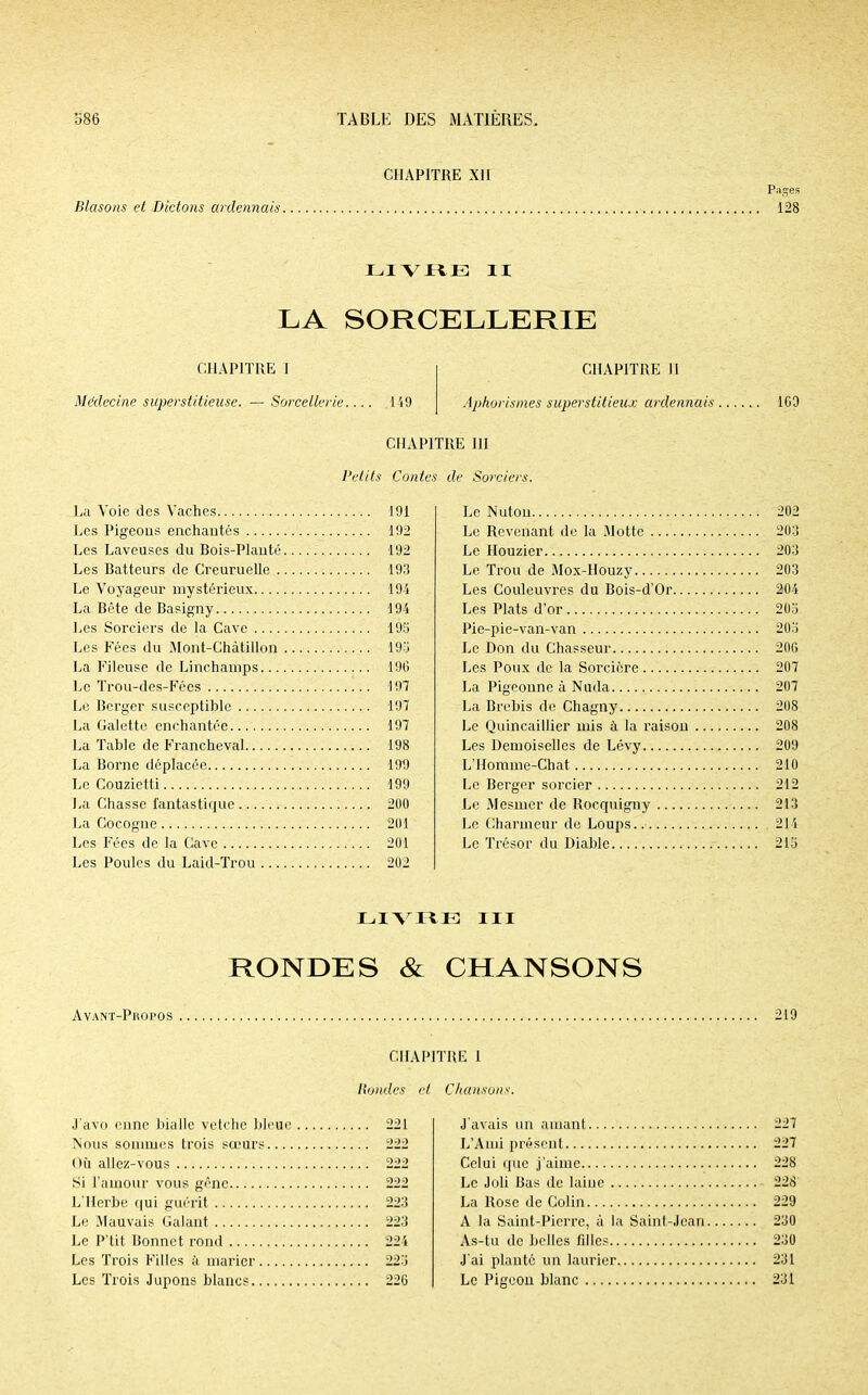 Blasons et Dictons ardennais CHAPITRE XII Pages 128 LIVRE II LA SORCELLERIE CHAPITRE I Médecine superstitieuse. — Sorcellerie.... 149 CHAPITRE II Aphorismes superstitieux ardennais ICO CHAPITRE III Petits Contes de Sorciers. La Voie des Vaches 191 Les Pigeons enchantés 192 Les Laveuses du Bois-PIanté 192 Les Batteurs de Creuruclle 193 Le Voyageur mystérieux 194 La Bête de Basigny 194 Les Sorciers de la Cave 19S Les Fées du Mont-Chàtillon 195 La Fileuse de Lînchamps 190 Le Trou-des-Fées 197 Le Berger susceptible 197 La Galette enchantée 197 La Table de Francheval 198 La Borne déplacée 199 Le Couzietti 199 La Chasse fantastique 200 La Cocogne 201 Les Fées de la Cave 201 Les Poules du Laid-Trou 202 Le Nutou 202 Le Revenant de la Motte 203 Le Houzier 203 Le Trou de Mox-Houzy 203 Les Couleuvres du Bois-d'Or 204 Les Plats d'or 203 Pie-pie-van-van 203 Le Don du Chasseur 206 Les Poux de la Sorcière 207 La Pigeonne à Nuda 207 La Brebis de Chagny 208 Le Quincaillier mis à la raison 208 Les Demoiselles de Lévy 209 L'Homme-Chat 210 Le Berger sorcier 212 Le Mesmer de Rocquigny 213 Le Charmeur de Loups.. 214 Le Trésor du Diable 215 LIVRE III RONDES & CHANSONS Avant-Propos 219 CHAPITRE 1 Rondes et Chanson* J'avo enne bialle vetefae bleue 221 Nous sommes trois sœurs 222 Où allez-vous 222 Si l'amour vous gêne 222 L'Herbe qui guérit 223 Le Mauvais Galant 223 Le P'tit Bonnet rond 224 Les Trois Filles à marier 225 Les Trois Jupons blancs 226 J'avais un amant 227 L'Ami présent 227 Celui que j'aime 228 Le Joli Bas de laiue 228 La Rose de Colin 229 A la Saint-Pierre, à la Saint-Jean 230 As-tu de belles filles 230 J'ai planté un laurier 231 Le Pigeon blanc 231