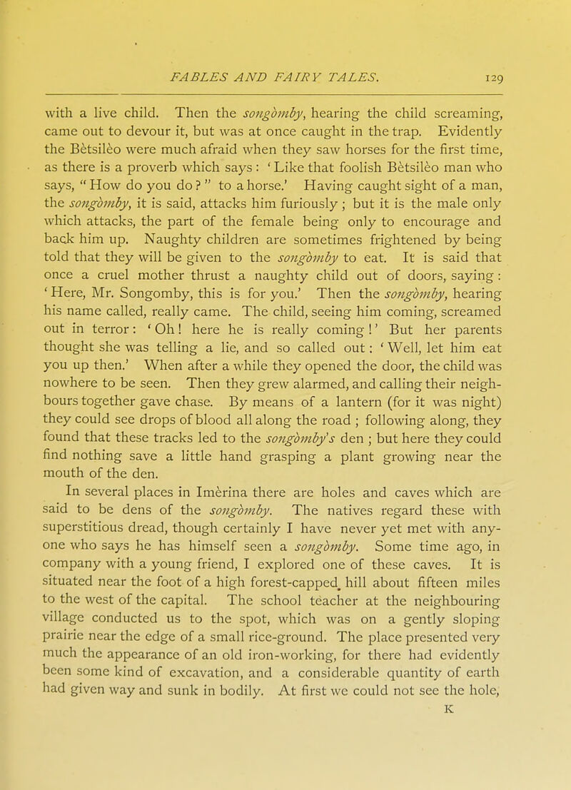 with a live child. Then the songbmby, hearing the child screaming, came out to devour it, but was at once caught in the trap. Evidently the Betsileo were much afraid when they saw horses for the first time, as there is a proverb which says : ' Like that foolish Betsileo man who says,  How do you do ?  to a horse.' Having caught sight of a man, the songbmby, it is said, attacks him furiously; but it is the male only which attacks, the part of the female being only to encourage and back him up. Naughty children are sometimes frightened by being told that they will be given to the songbmby to eat. It is said that once a cruel mother thrust a naughty child out of doors, saying : ' Here, Mr. Songomby, this is for you.' Then the songbmby, hearing his name called, really came. The child, seeing him coming, screamed out in terror: ' Oh! here he is really coming !' But her parents thought she was telling a lie, and so called out: ' Well, let him eat you up then.' When after a while they opened the door, the child was nowhere to be seen. Then they grew alarmed, and calling their neigh- bours together gave chase. By means of a lantern (for it was night) they could see drops of blood all along the road ; following along, they found that these tracks led to the songbmby's den ; but here they could find nothing save a little hand grasping a plant growing near the mouth of the den. In several places in Imerina there are holes and caves which are said to be dens of the songbmby. The natives regard these with superstitious dread, though certainly I have never yet met with any- one who says he has himself seen a songbmby. Some time ago, in company with a young friend, I explored one of these caves. It is situated near the foot of a high forest-capped, hill about fifteen miles to the west of the capital. The school teacher at the neighbouring village conducted us to the spot, which was on a gently sloping prairie near the edge of a small rice-ground. The place presented very much the appearance of an old iron-working, for there had evidently been some kind of excavation, and a considerable quantity of earth had given way and sunk in bodily. At first we could not see the hole, K