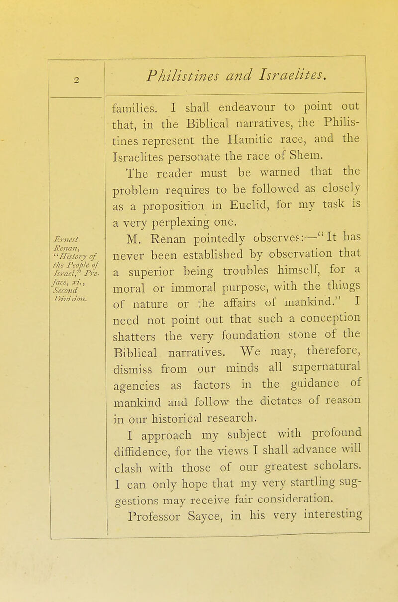 Ernest Kenan, History of the reople of Israel Pre- face, xu, Second Division. families. I shall endeavour to point out that, in the Biblical narratives, the Philis- tines represent the Hamitic race, and the Israelites personate the race of Shem. The reader must be warned that the problem requires to be followed as closely as a proposition in Euclid, for my task is a very perplexing one. M. Renan pointedly observes:—It has never been established by observation that a superior being troubles himself, for a moral or immoral purpose, with the things of nature or the affairs of mankind. I need not point out that such a conception shatters the very foundation stone of the Biblical narratives. We may, therefore, dismiss from our minds all supernatural agencies as factors in the guidance of mankind and follow the dictates of reason in our historical research. I approach my subject with profound diffidence, for the views I shall advance will clash with those of our greatest scholars. T <-nn nnlv linnp tint mv verv startling suff- i can uiiiy uuuc h.uil iny v^ij oiuii.^ gestions may receive fair consideration. Professor Sayce, in his very interesting