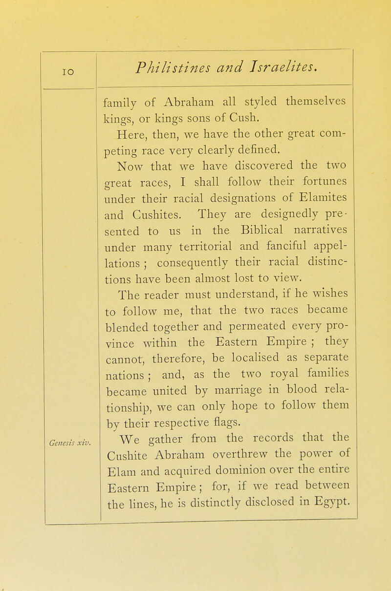 IO Genesis xiv. family of Abraham all styled themselves kings, or kings sons of Cush. Here, then, we have the other great com- peting race very clearly defined. Now that we have discovered the two great races, I shall follow their fortunes under their racial designations of Elamites and Cushites. They are designedly pre- sented to us in the Biblical narratives under many territorial and fanciful appel- lations ; consequently their racial distinc- tions have been almost lost to view. The reader must understand, if he wishes to follow me, that the two races became blended together and permeated every pro- vince within the Eastern Empire ; they cannot, therefore, be localised as separate nations ; and, as the two royal families became united by marriage in blood rela- tionship, we can only hope to follow them by their respective flags. We gather from the records that the Cushite Abraham overthrew the power of Elam and acquired dominion over the entire Eastern Empire; for, if we read between the lines, he is distinctly disclosed in Egypt.