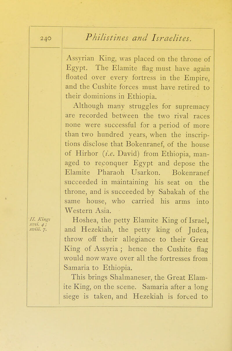 II. Kings xvii. 4 ; xviii. 7. Assyrian King, was placed on the throne of Egypt. The Elamite flag must have again floated over every fortress in the Empire, and the Cushite forces must have retired to their dominions in Ethiopia. Although many struggles for supremacy are recorded between the two rival races none were successful for a period of more than two hundred years, when the inscrip- tions disclose that Bokenranef, of the house of Hirhor {i.e. David) from Ethiopia, man- aged to reconquer Egypt and depose the Elamite Pharaoh Usarkon. Bokenranef succeeded in maintaining his seat on the throne, and is succeeded by Sabakah of the same house, who carried his arms into Western Asia. Hoshea, the petty Elamite King of Israel, and Hezekiah, the petty king of Judea, throw off their allegiance to their Great King of Assyria ; hence the Cushite flag would now wave over all the fortresses from Samaria to Ethiopia. This brings Shalmaneser, the Great Elam- ite King, on the scene. Samaria after a long siege is taken, and Hezekiah is forced to