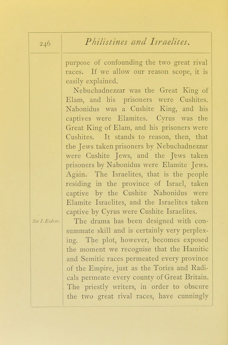 See I. Esdras. purpose of confounding the two great rival races. If we allow our reason scope, it is easily explained. Nebuchadnezzar was the Great King of Elam, and his prisoners were Cushites. Nabonidus was a Cushite King, and his captives were Elamites. Cyrus was the Great King of Elam, and his prisoners were Cushites. It stands to reason, then, that the Jews taken prisoners by Nebuchadnezzar were Cushite Jews, and the Jews taken prisoners by Nabonidus were Elamite Jews. Again. The Israelites, that is the people residing in the province of Israel, taken captive by the Cushite Nabonidus were Elamite Israelites, and the Israelites taken captive by Cyrus were Cushite Israelites. The drama has been designed with con- summate skill and is certainly very perplex- ing. The plot, however, becomes exposed the moment we recognise that the Hamitic and Semitic races permeated every province of the Empire, just as the Tories and Radi- cals permeate every county 01 Great .Britain. The priestly writers, in order to obscure the two great rival races, have cunningly