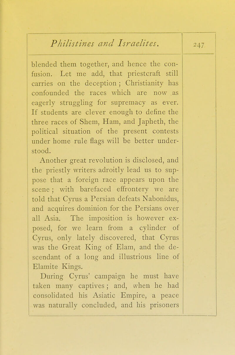 blended them together, and hence the con- fusion. Let me add, that priestcraft still carries on the deception ; Christianity has confounded the races which are now as eagerly struggling for supremacy as ever. If students are clever enough to define the three races of Shem, Ham, and Japheth, the political situation of the present contests under home rule flags will be better under- stood. Another great revolution is disclosed, and the priestly writers adroitly lead us to sup- pose that a foreign race appears upon the scene ; with barefaced effrontery we are told that Cyrus a Persian defeats Nabonidus, and acquires dominion for the Persians over all Asia. The imposition is however ex- posed, for we learn from a cylinder of Cyrus, only lately discovered, that Cyrus was the Great King of Elam, and the de- scendant of a long and illustrious line of Elamite Kings. During Cyrus' campaign he must have i , ' 11111 taken many captives ; and, when he had consolidated his Asiatic Empire, a peace was naturally concluded, and his prisoners