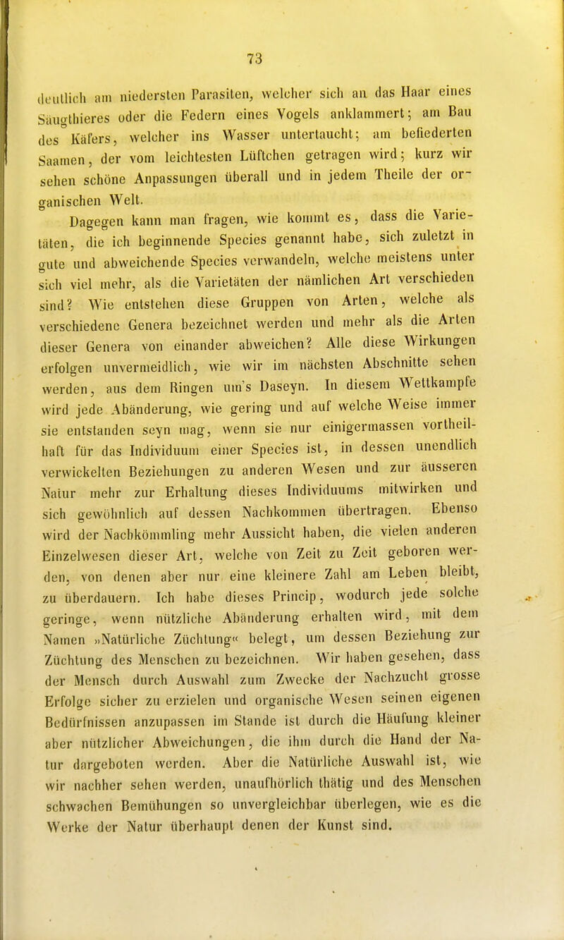 (Icullich am niedersten Parasiten, welcher sich an das Haar eines Sauo-thieres oder die Federn eines Vogels anklammert; am Bau desKäfers, welcher ins Wasser untertaucht; am befiederten Saamen, der vom leichtesten Lüftchen getragen wird; kurz wir sehen schöne Anpassungen überall und in jedem Theile der or- ganischen Welt. Dagegen kann man fragen, wie kommt es, dass die Varie- täten, die ich beginnende Speeles genannt habe, sich zuletzt in gute und abweichende Speeles verwandeln, welche meistens unter sich viel mehr, als die Varietäten der nämlichen Art verschieden sind? Wie entstehen diese Gruppen von Arten, welche als verschiedene Genera bezeichnet werden und mehr als die Arten dieser Genera von einander abweichen? Alle diese Wirkungen erfolgen unvermeidlich, wie wir im nächsten Abschnitte sehen werden, aus dem Ringen um's Daseyn. In diesem Wettkampfe wird jede Abänderung, wie gering und auf welche Weise immer sie entstanden soyn mag, wenn sie nur einigermassen vortheil- haft für das Individuum einer Speeles ist, in dessen unendlich verwickelten Beziehungen zu anderen Wesen und zur äusseren Natur mehr zur Erhaltung dieses Individuums mitwirken und sich gewöhnlich auf dessen Nachkommen übertragen. Ebenso wird der Nachkömmling mehr Aussicht haben, die vielen anderen Einzelwesen dieser Art, welche von Zeit zu Zeit geboren wer- den, von denen aber nur eine kleinere Zahl am Leben bleibt, zu überdauern. Ich habe dieses Princip, wodurch jede solche geringe, wenn nützliche Abänderung erhalten wird, mit dem Namen »Natürliche Züchtung« belegt, um dessen Beziehung zur Züchtung des Menschen zu bezeichnen. Wir haben gesehen, dass der Mensch durch Auswahl zum Zwecke der Nachzucht grosse Erfolge sicher zu erzielen und organische Wesen seinen eigenen Bedürfnissen anzupassen im Stande ist durch die Häufung kleiner aber nützlicher Abweichungen, die ihm durch die Hand der Na- tur dargeboten werden. Aber die Natürliche Auswahl ist, wie wir nachher sehen werden, unaufhörlich thätig und des Menschen schwachen Bemühungen so unvergleichbar überlegen, wie es die Werke der Natur überhaupt denen der Kunst sind.