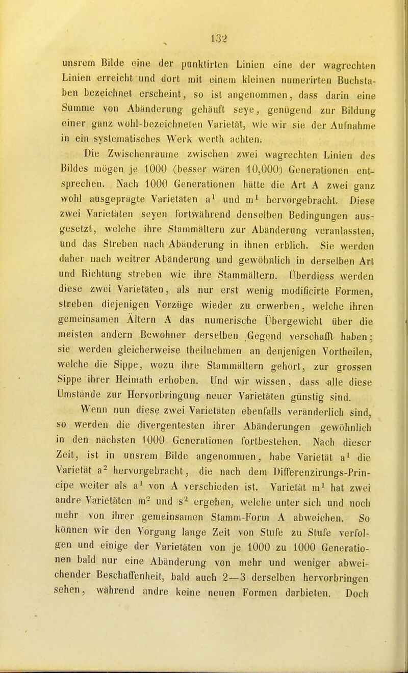 unsrein Bilde eine der punklirten Linien eine der wagrechten Linien erreicht und dort mit einem kleinen numerirten Buchsta- ben bezeichnet erscheint, so ist angenommen, dass darin eine Summe von Abänderung gehäuft seye, genügend zur Bildung einer ganz wohl-bezeichnelen Varietät, wie wir sie der Aufnahme in ein systematisches Werk werlh achten. Die Zwischenräume zwischen zwei wagrechten Linien des Bildes mögen je 1000 (besser wären 10,000.) Generationen ent- sprechen. Nach 1000 Generationen hätte die Art A zwei ganz wohl ausgeprägte Varietäten und m^ hervorgebracht. Diese zwei Varietäten seyen fortwährend denselben Bedingungen aus- gesetzt, welche ihre Stairunältern zur Abänderung veranlassten, und das Streben nach Abänderung in ihnen erblich. Sie werden daher nach weitrer Abänderung und gewöhnlich in derselben Art und Richtung streben wie ihre Stammältern. Überdiess werden diese zwei Varietäten, als nur erst wenig modificirte Formen, streben diejenigen Vorzüge wieder zu erwerben, welche ihren gemeinsamen Altern A das numerische Übergewicht über die meisten andern Bewohner derselben Gegend verschafft haben: sie werden gleicherweise theilnehmen an denjenigen Vortheilen, welche die Sippe, wozu ihre Stammältern gehört, zur grossen Sippe ihrer Heimath erhoben. Und wir wissen, dass «alle diese Umstände zur Hervorbringung neuer Varietäten günstig sind. Wenn nun diese zwei Varietäten ebenfalls veränderlich sind, so werden die divergentesten ihrer Abänderungen gewöhnlich in den nächsten 1000 Generationen fortbestehen. Nach dieser Zeit, ist in unsrem Bilde angenommen, habe Varietät a^ die Varietät a^ hervorgebracht, die nach dem Differenzirungs-Prin- cipe weiter als von A verschieden ist. Varietät m^ hat zwei andre Varietäten m- und s- ergeben, welche unter sich und noch mehr von ihrer gemeinsamen Stamm-Form A abweichen. So können wir den Vorgang lange Zeit von Stufe zu Stufe verfol- gen und einige der Varietäten von je 1000 zu 1000 Generatio- nen bald nur eine Abänderung von mehr und weniger abwei- chender Beschaffenheit, bald auch 2—3 derselben hervorbringen sehen, während andre keine neuen Formen darbieten. Doch