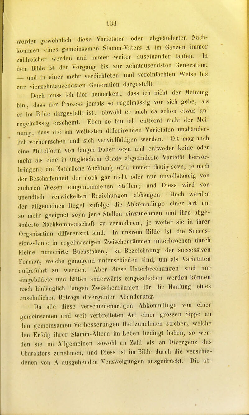 werden gewöhnlich diese Varieliilen oder abgeänderten Nach- kommen'eines gemeinsamen Stamm-Vaters A im Ganzen immer zahlreicher werden und immer weiter auseinander laufen. In dem Bilde ist der Vorgang bis zur zehnlausendston Generation, — und in einer mehr verdichteten und vereinfachten Weise bis zur vierzehntausendsten Generation dargestellt. Doch muss ich. hier bemerken, dass ich nicht der Meinung bin, dass der Prozess jemals so regelmässig vor sich gehe, als er im Bilde dargestellt ist, obwohl er auch da schon etwas un- regolmässig erscheint. Eben so bin ich entfernt nicht der Mei- nung, dass die am weitesten differirenden Varietäten unabänder- lich vorherrschen und sich vervielfältigen werden. Oft mag auch eine Mittelform von langer Dauer seyn und entweder keine oder mehr als eine in ungleichem Grade abgeänderte Varietät hervor- bringen ; die Natürliche Züchtung wird immer thätig seyn, je nach der Beschaffenheit der noch gar nicht oder nur unvollständig von anderen Wesen eingenommenen Stellen: und Diess wird von unendlich verwickelten Beziehungen abhängen. Doch werden der allgemeinen Regel zufolge die Abkömmlinge einer Art um so mehr geeignet seyn jene Stellen einzunehmen und ihre abge- änderte Nachkommenschaft zu vermehren, je weiter sie in ihrer Organisation dilferenzirt sind. In unsrem Bilde ist die Succes- sions-Linie in regelmässigen Zwischenräumen unterbrochen durch kleine numerirte Buchstaben, zu Bezeichnung der successiven Formen, welche genügend unterschieden sind, um als Varietäten aufgeführt zu werden. Aber diese Unterbrechungen sind nur eingebildete und hätten anderwärts eingeschoben werden können nach hinlänglich langen Zwischenräumen für die Häufung eines ansehnlichen Betrags divergenter Abänderung. Da alle diese verschiedenartigen Abkömmlinge von einer gemeinsamen und weit verbreiteten Art einer grossen Sippe an den gemeinsamen Verbesserungen theilzunehmen streben, welche den Erfolg ihrer Stamm-Ältern im Leben bedingt haben, so wer- den sie im Allgemeinen sowohl an Zahl als an Divergenz des Charakters zunehmen, und Diess ist im Bilde durch die verschie- denen von A ausgehenden Verzweigungen ausgedrückt. Die ab-