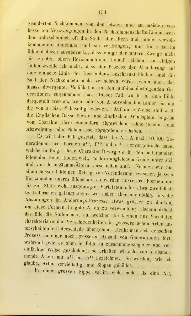 geänderten Nachkommen von den letzten und am meisten ver- bessorten Verzweigungen in den Nachkommenschafts-Linipn wer- den wahrscheinlich oft die Steile der altern und minder vervoll- kommneten einnehmen und sie verdrängen, und Diess ist im Bilde dadurch ausgedrückt, dass einige der untern Zweige nicht bis zu den obern Horizontallinien hinauf reichen. In einigen Fällen zweifle ich nicht, dass der Prozess der Abänderung auf eine einlache Linie der Descendenz beschränkt bleiben und die Zahl der Nachkommen nicht vermehren wird, wenn auch das Maass divergenter Modifikation in den aufeinanderfolgenden Ge- nerationen zugenommen hat. Dieser Fall würde in dem Bilde dargestellt werden, wenn alle von A ausgehenden Linien bis auf die von a' bis a^« beseitigt würden. Auf diese Weise sind z. B.. die Englischen Rasse-Pferde und Englischen Windspiele langsam vom Charakter ihrer Stammform abgewichen, ohne je eine neue Abzweigung oder Nebenrasse abgegeben zu haben. Es wird der Fall gesetzt, dass die Art A nach 10,000 Ge- nerationen drei Formen a^, fio „nd mio hervorgebracht habe, welche in Folge ihrer Charakter-Divergenz in den aufeinander- folgenden Generationen weit, doch in ungleichem Grade unter sich und von ihren Stamm-Ältern verschieden sind. Nehmen wir nur einen äusserst kleinen Betrag von Veränderung zwischen je zwei Horizontalen unsres Bildes an, so werden unsre drei Formen nur bis zur Stufe wohl ausgeprägter Varietäten oder etwa zweifelhaf- ter Unterarten gelangt seyn; wir haben aber nur nöfhig, uns die Abstufungen im Änderungs-Prozesse etwas grösser zu denken um diese Formen in gute Arten zu verwandeln; alsdann drückt das Bild die Stufen aus, auf welchen die kleinen nur Varietäten charakterisirenden Verschiedenheiten in grössere schon Arten un- terscheidende Unterschiede übergehen. Denkt man sich denselben Prozess in einer noch grösseren Anzahl von Generationen fort- während (wie es oben im Bilde in zusammengezogener und ver- einfachter Weise geschehen), so erhalten wir acht von A abstam- mende Arten mit a^* bis m^-^ bezeichnet. So werden, wie ich glaube, Arten vervielfältigt und Sippen gebildet. In einer grossen Sippe variirt wohl mehr als eine Art.