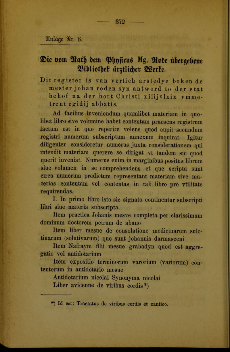Slttlage 3lx. 6. ©ie t)m 3flat5 bem sp5t)ficu^ Mg. gfJobe üftergeBene 23iMiot^ef drjtlicfjer Sßerfe. Dit register is van vertich arstedye boken de mester johan roden syn antword to der stat behof na der bort Christi xiiijclxix vmme- trent egidij abbatis. Ad facilius inveniendum quamlibet materiam in quo- libet libro sive volumine habet contentam praesens registrum lactum est in quo reperire volens quod cupit secundum registri numerum subscriptum annexum inquirat. Igitur diligenter consideretur numerus juxta considerationem qui intendit materiam querere se dirigat vt tandem sie quod querit inveniat. Numerus enim in marginibus positus librum siue Volumen in se comprehendens et que scripta sunt circa numerum predictum representant materiam sive ma- terias contentam vel contentas in tali libro pro vtilitate requirendas. I. In primo libro isto sie signato continentur subscripti libri siue materia subscripta Item practica Johanis mesve completa per clarissimum dominum doctorem petrum de abano Item liber mesue de consolatione medicinarum sulo- tiuarum (solutivarum) que sunt Johannis darmasceni Item Nafraym filii mesue grabadyn quod est aggre- gatio vel antidotarium Item expositio terminorum varorium (variorum) con- tentorum in antidotario mesue Antidotarium nicolai Synonyma nicolai Liber avicenne de viribus cordis*) *) Id est: Tractatus de viribus cordis et cantico.