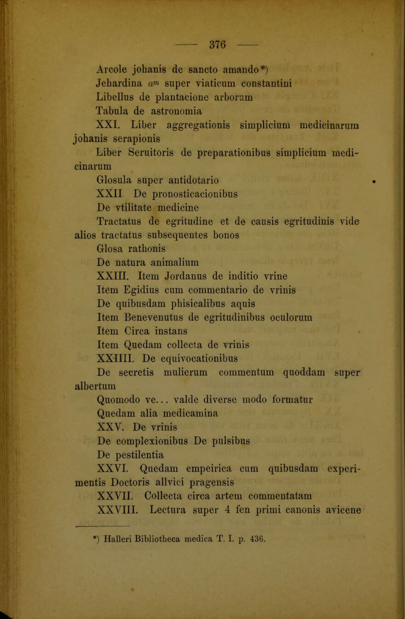 Arcole johanis de sancto amando*) Jehardina am super viaticum constantini Libellus de plantacione arbonim Tabula de astronoraia XXI. Liber aggregationis simplicium medicinaruni johanis serapionis Liber Seruitoris de preparationibus simplicium medi- cinarum Glosula super antidotario XXII De pronosticacionibus De vtilitate medicine Tractatus de egritudine et de causis egritudinis vide alios tractatus subsequentes bonos Glösa rathonis De natura animalium XXIII. Item Jordanus de inditio vrine Item Egidius cum coramentario de vrinis De quibusdam phisicalibus aquis Item Benevenutus de egritudinibus oculorum Item Circa instans Item Quedam coUecta de vrinis XXIIII. De equivocationibus De secretis mulierum commentum quoddam super albertum Quomodo ve... valde diverse modo formatur Quedam alia medicamina XXV. De vrinis De complexionibus De pulsibus De pestilentia XXVI. Quedam empeirica cum quibusdam experi- mentis Doctoris allvici pragensis XXVII. CoUecta circa artem commentatam XXVIII. Lectura super 4 fen primi canonis avicene *) Halleri Bibliotheca medica T. I. p. 436.