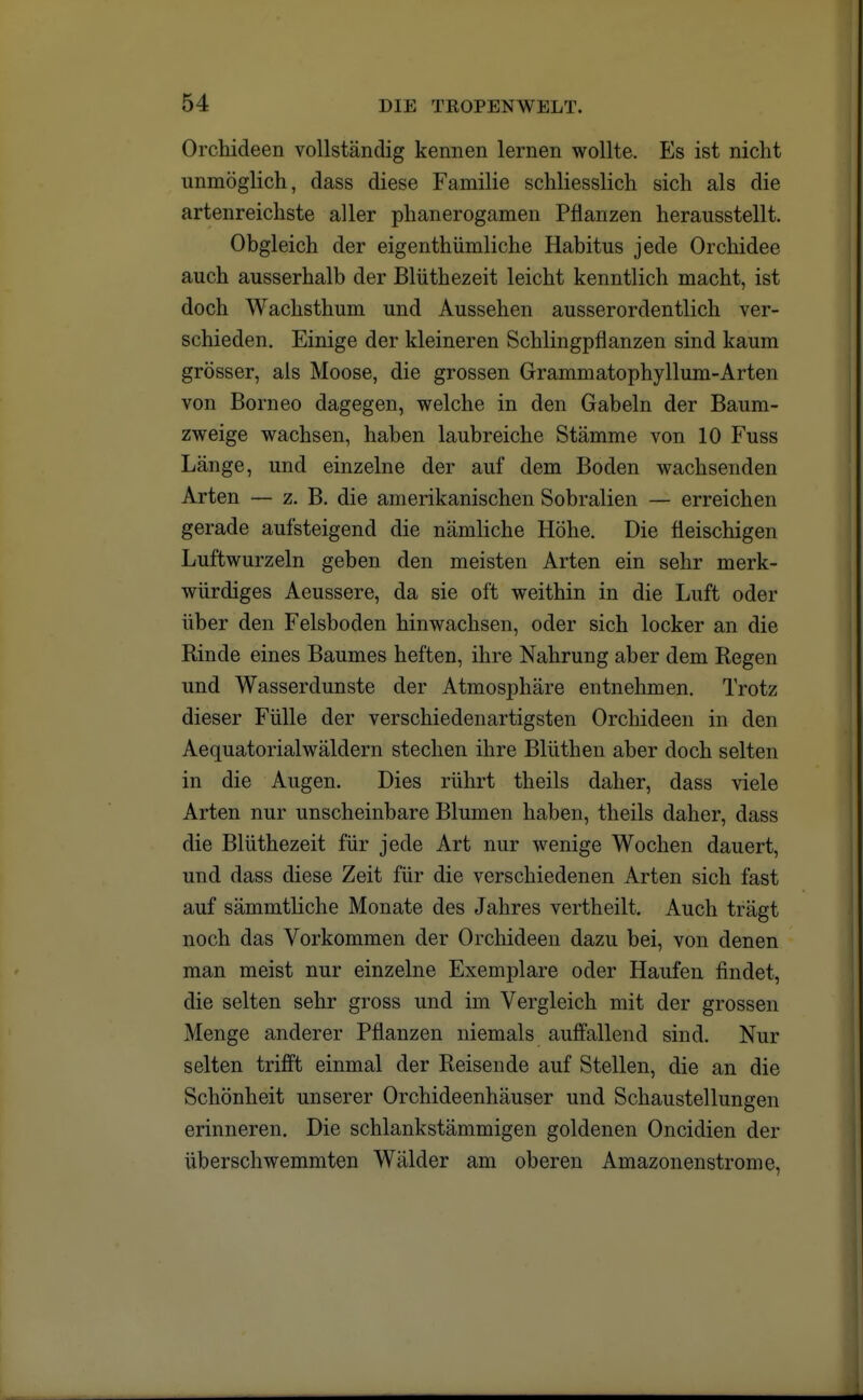 Orchideen vollständig kennen lernen wollte. Es ist nicht unmöglich, dass diese Familie schliesslich sich als die artenreichste aller phanerogamen Pflanzen herausstellt. Obgleich der eigenthümliche Habitus jede Orchidee auch ausserhalb der Blüthezeit leicht kenntlich macht, ist doch Wachsthum und Aussehen ausserordentlich ver- schieden. Einige der kleineren Schlingpflanzen sind kaum grösser, als Moose, die grossen Grammatophyllum-Arten von Borneo dagegen, welche in den Gabeln der Baum- zweige wachsen, haben laubreiche Stämme von 10 Fuss Länge, und einzelne der auf dem Boden wachsenden Arten — z. B. die amerikanischen Sobralien — erreichen gerade aufsteigend die nämliche Höhe. Die fleischigen Luftwurzeln geben den meisten Arten ein sehr merk- würdiges Aeussere, da sie oft weithin in die Luft oder über den Felsboden hinwachsen, oder sich locker an die Rinde eines Baumes heften, ihre Nahrung aber dem Regen und Wasserdunste der Atmosphäre entnehmen. Trotz dieser Fülle der verschiedenartigsten Orchideen in den Aequatorialwäldern stechen ihre Blüthen aber doch selten in die Augen. Dies rührt theils daher, dass viele Arten nur unscheinbare Blumen haben, theils daher, dass die Blüthezeit für jede Art nur wenige Wochen dauert, und dass diese Zeit für die verschiedenen Arten sich fast auf sämmtliche Monate des Jahres vertheilt. Auch trägt noch das Vorkommen der Orchideen dazu bei, von denen man meist nur einzelne Exemplare oder Haufen findet, die selten sehr gross und im Vergleich mit der grossen Menge anderer Pflanzen niemals auffallend sind. Nur selten trifft einmal der Reisende auf Stellen, die an die Schönheit unserer Orchideenhäuser und Schaustellungen erinneren. Die schlankstämmigen goldenen Oncidien der überschwemmten Wälder am oberen Amazonenstrome,