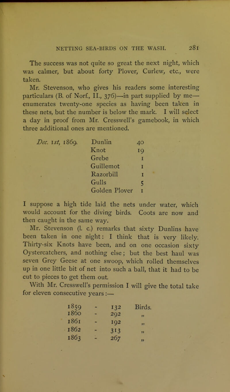 The success was not quite so great the next night, which was calmer, but about forty Plover, Curlew, etc., were taken. Mr. Stevenson, who gives his readers some interesting particulars (B. of Norf, II., 376)—in part supplied by me— enumerates twenty-one species as having been taken in these nets, but the number is below the mark. I will select a day in proof from Mr. Cresswell's gamebook, in which three additional ones are mentioned. Dec. 1st, 1869. Dunlin 40 Knot 19 Grebe i Guillemot i Razorbill i Gulls 5 Golden Plover i I suppose a high tide laid the nets under water, which would account for the diving birds. Coots are now and then caught in the same way. Mr. Stevenson (1. c.) remarks that sixty Dunlins have been taken in one night: I think that is very likely. Thirty-six Knots have been, and on one occasion sixty Oystercatchers, and nothing else; but the best haul was seven Grey Geese at one swoop, which rolled themselves up in one little bit of net into such a ball, that it had to be cut to pieces to get them out. With Mr. Cresswell's permission I will give the total take for eleven consecutive years :— 1859 i860 1861 1862 1863 132 Birds. 292 192 313 267