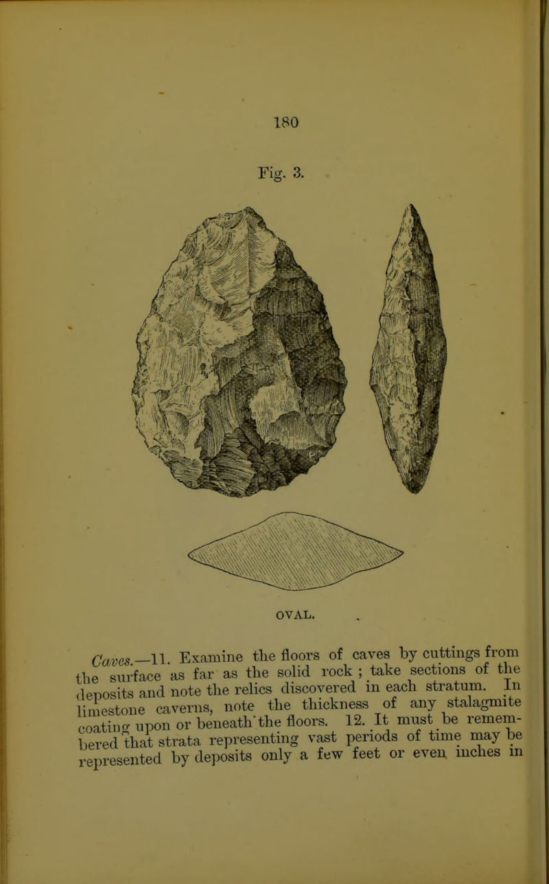 Fig. 3. OVAL. (javes—U Examine tlie floors of caves by cuttings from the surface as far as the solid rock ; take sections of the .lenosits and note the relics discovered m each stratum, in limestone caverns, note the thickness of any stalagmite coating upon or beneath the floors. 12. It must be remem- bered that strata representing vast periods of time naay be represented by deposits only a few feet or even inches in