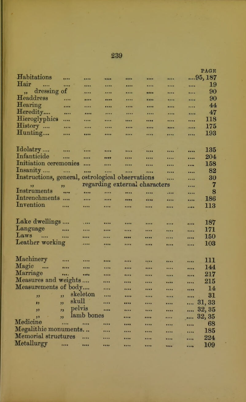 PAGE Habitations 95,187 Hair 19 ,, dressing of 90 Headdress , 90 Hearing .... .... .... .... .... .... 44 Heredity.... .... .... .... .... .... .... .... 47 Hieroglyphics 118 History 175 Hunting 193 Idolatry .... 135 Infanticide .... .... .... .... 204 Initiation ceremonies .... .... .... .... .... .... 158 Insanity.... .... .... .... .... .... .... .... 82 Instructions, general, ostrological observations 30 „ „ regarding external characters .... 7 Instruments 8 Intrenchments 186 Invention 113 Lake dwellings .... .... .... .... 187 Language .... .... .... .... .... .... .... l7l Laws 150 Leather working 103 Machinery HI Magic 144 Marriage 217 Measures and weights.... .... .... .... .... .... 215 Measurements of body 14 „ „ skeleton 31 „ „ skull 31,33 „ „ pelvis 32,35 ,, „ lamb bones 32, 35 Medicine gg Megalithic monuments 185 Memorial structures 224 Metallurgy * 109