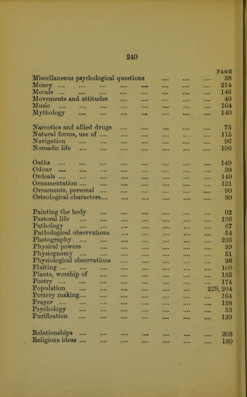 PAGE Miscellaneous psychological questions 38 TVTonev . . ... .... 214 Morals .... 146 Movements and attitudes 40 Music 164 Mythology « 140 Narcotics and allied drugs .... 75 Natural forms, use of .... .... .... .... 115 Navigation 96 Nomadic life 196 Oaths 149 Odour 38 Ordeals .... 149 Ornamentation .... 121 Ornaments, personal .... 90 Osteological characters 30 Painting the body 92 Pastoral life 196 Pathology 67 Pathological observations 54 Photography 235 Physical powers 39 Physiognomy JO J •••• •»•• 51 Pliyeiological observations 36 PI n 1 f,i n c .... .... JLl'U Plants, worship of 135 Poetry 174 Population 229, 204 Pottery making 164 Prayer .... 138 Psychology 53 Purification 139 Relationships 203 Eeligious ideas 130