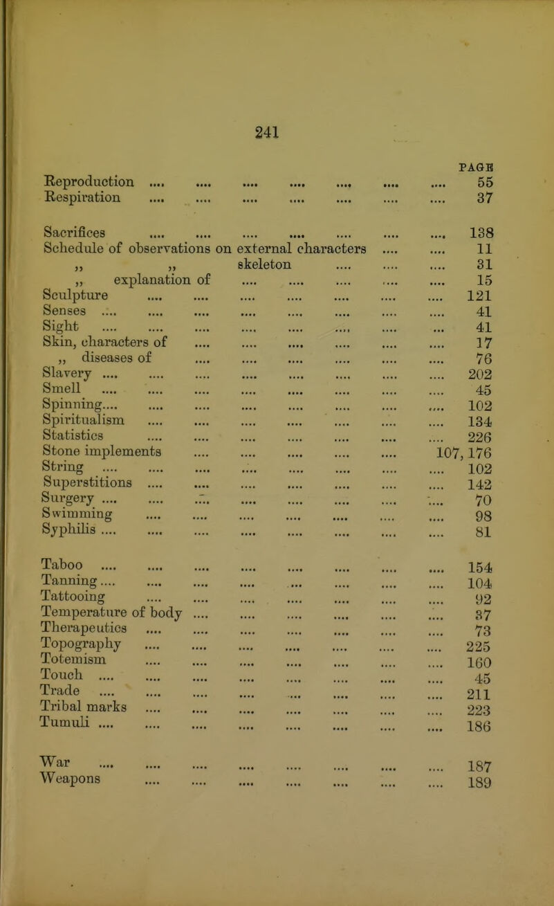 PAGB Eeproduction •••• •••• 55 Respiration 37 Sacrifices 138 Schedule of observations on external characters .... 11 skeleton 31 „ explanation o£ .... 15 Sculpture .... .... 121 Senses .... 41 Sight ** > t • • *• 41 Skin, characters of .... 17 „ diseases of .... .... 76 Slavery .... .... .... .... 202 Smell .... .... 45 Spinning.... .... .... .... 102 Spiritualism .... 134 Statistics .... •..* .... 226 Stone implements .... .... 107,176 String .... .... 102 Superstitions .... 142 Surgery .... 70 Swimming 98 SypliiUs .... 81 Taboo .... 154 Tanning.... .... 104 Tattooing 92 Temperature of body .... 37 Therapeutics 73 Topography .... 225 Totemism .... 160 Touch 45 Trade .... 211 Tribal marks 223 Tumuli .... 186 War 187 Weapons Igg