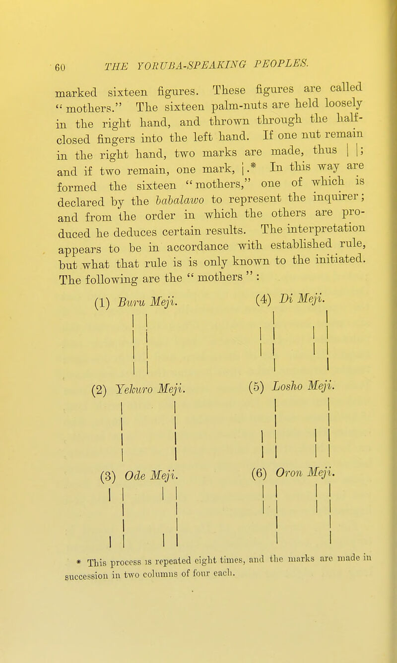 marked sixteen figures. These figures are called motliers. Tlie sixteen palm-nuts are held loosely in the right hand, and thrown through the half- closed fingers into the left hand. If one nut remain in the right hand, two marks are made, thus | 1; and if two remain, one mark, i .* In this way are formed the sixteen mothers, one of which is declared by the hahalawo to represent the inquirer; and from the order in which the others are pro- duced he deduces certain results. The interpretation appears to be in accordance with estabhshed rule, but what that rule is is only known to the initiated. The following are the  mothers  : (1) Burn Meji. (4) Di Meji. I (2) Yehuro Mep I I (5) Loslio Meji. (3) Ode Meji (6) Or on Meji. 1 I * This process is repeated eight times, and the marks arc made in succession in t'^vo cohimns of four each.