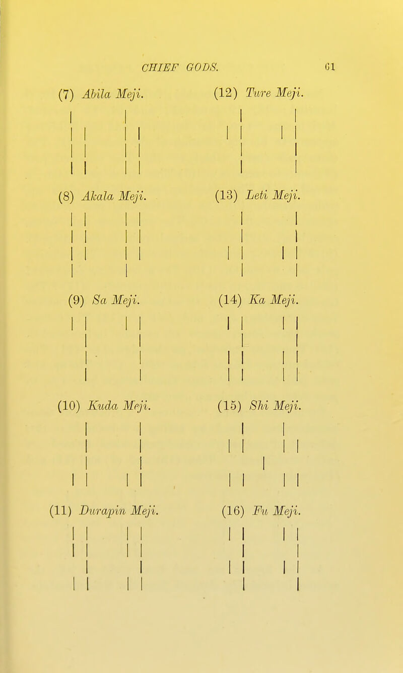 (7) Ahila Meji. (12) Ture MejL II II (8) Akala Meji. (9) 8a Meji. (10) Kuda Meji. I I I (11) Durapin Meji. 1 I I I (13) Leti Meji (14) Ka Meji (15) Shi Meji. I I (16) FuMeji I I I I