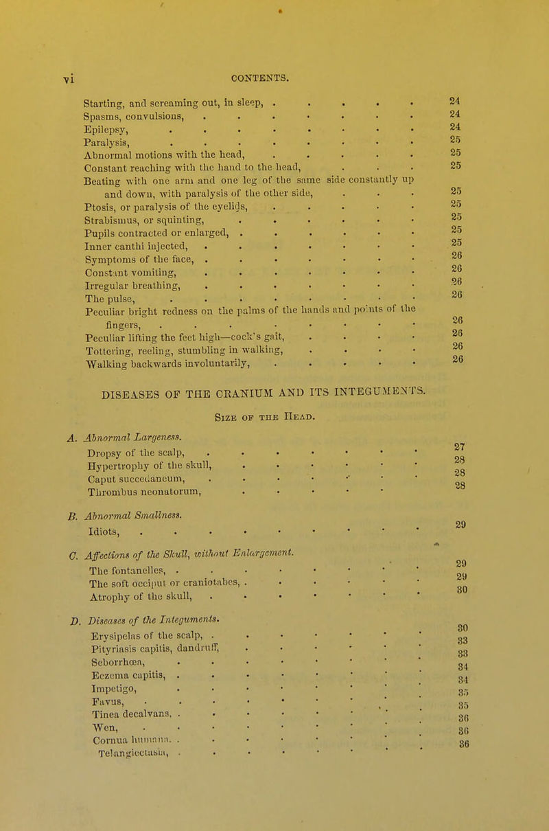 ■VI Starting, and screaming out, in sleep, . Spasms, convulsions, Epilepsy, .... Paralysis, .... Abnormal motions witli the head. Constant reaching with the hand to the head. Beating with one arm and one leg of the same side constantly up and down, with paralysis of the other side. Ptosis, or paralysis of the eyelids. Strabismus, or squinting, Pupils contracted or enlarged, . Inner canthi injected, .... Symptoms of the face, .... Const int vomiting, .... Irregular breathing, .... The pulse, ..... Peculiar bright redness on the palms of the hands and points of the fingers, ... Peculiar lifting the feet high—cock's gait. Tottering, reeling, stumbling in walking. Walking backwards involuntarily. 24 24 24 25 25 25 25 25 25 25 25 26 26 36 26 26 26 26 26 DISEASES OF THE CRANIUM AND ITS INTEGUMENTS. Size of the Dead. A. Abnormal Largeness. Dropsy of the scalp, Hypertrophy of the skull, Caput succcilaneum, Thrombus neonatorum, . . . • • B. Abnormal Smallness. Idiots, . . . . • C. Affections of the Skull, without Enlarr/ement. The fontanelles, .... The soft occiput or craniotabes, . Atrophy of the skull, D. Diseases of the Integuments. Erysipelas of the scalp, . Pityriasis capitis, dandruff, Seborrhoea, Eczema capitis, . Impetigo, Favus, Tinea decalvans, . Wen, Cornua huin:iii;\. . Telan<;icct.abi:i, . 27 28 28 28 29 29 29 80 80 83 33 34 34 3) 35 30 36 86